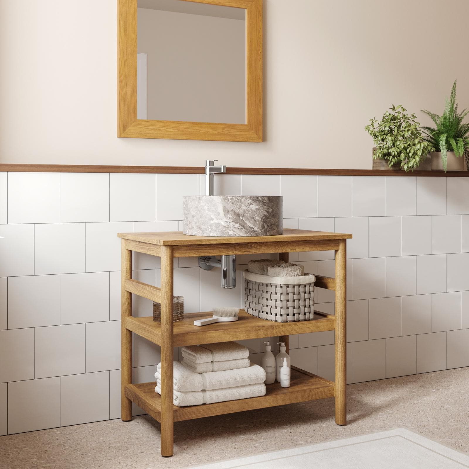 Mobile bagno a terra sottolavabo con ripiano 80 cm in legno di mango naturale - Caleido