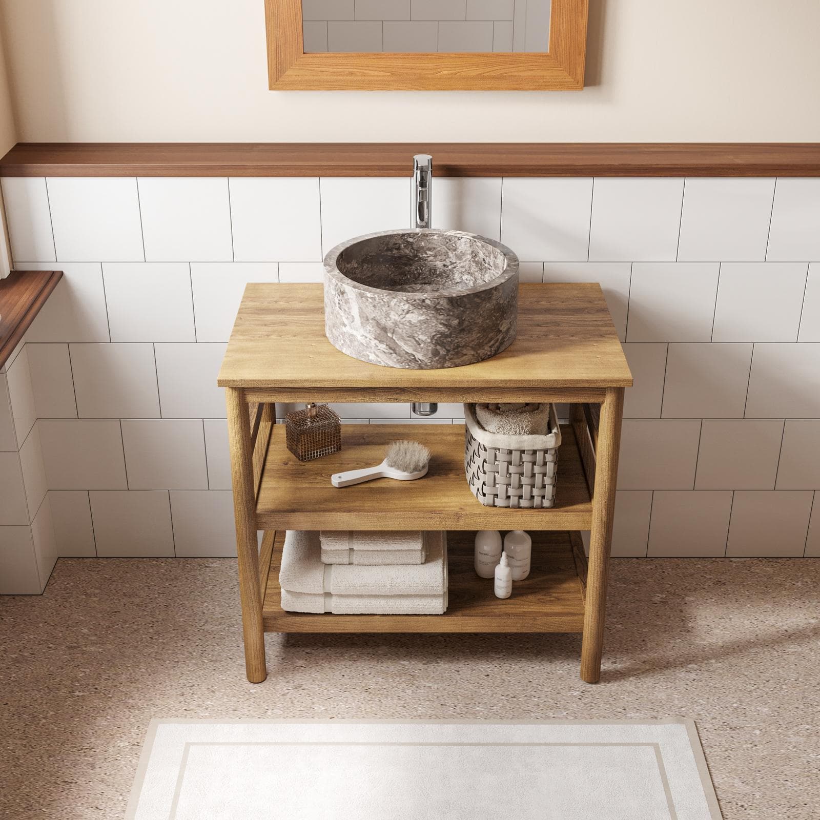 Mobile bagno a terra sottolavabo con ripiano 80 cm in legno di mango naturale - Caleido