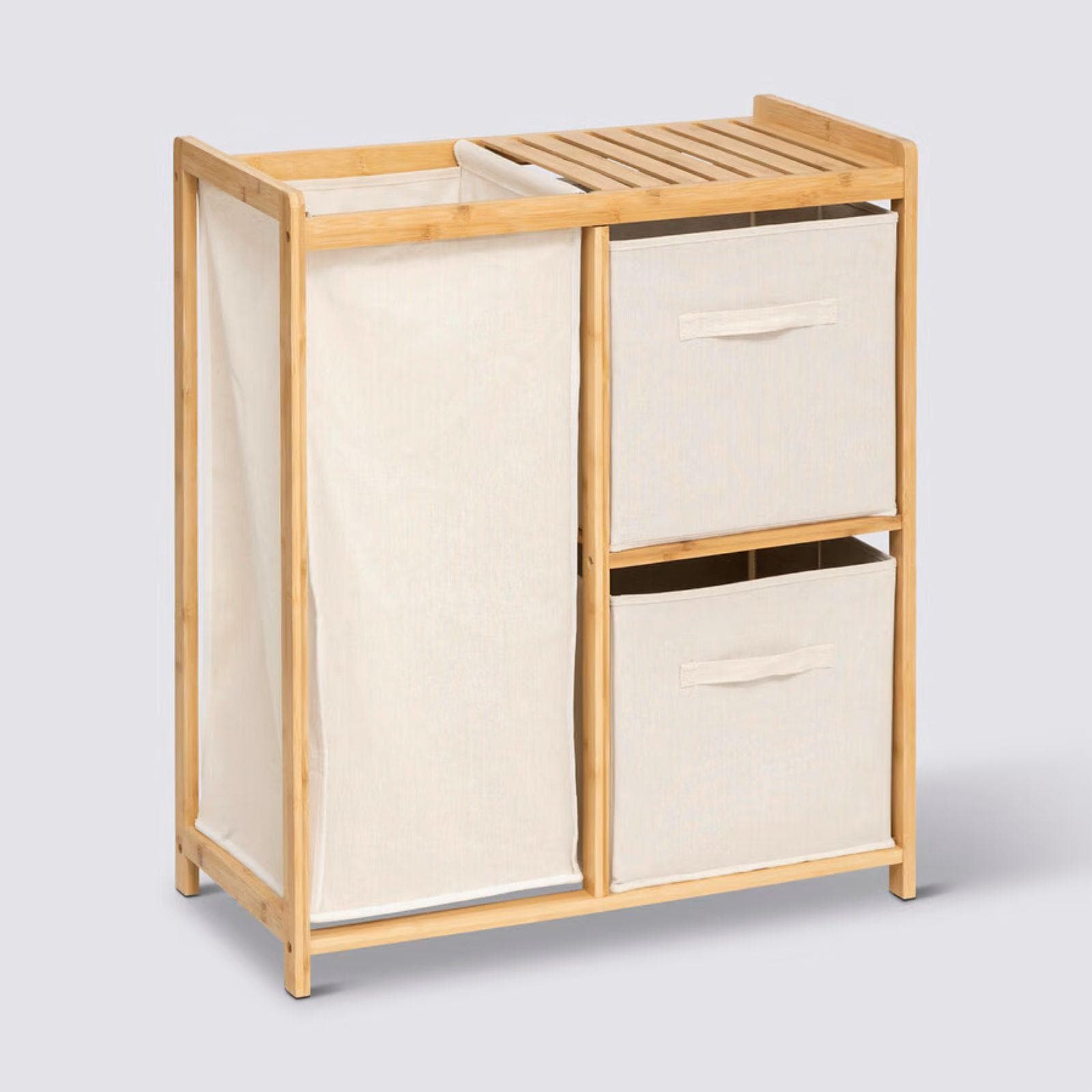 Mobile bagno o lavanderia 66x79h cm in bambù naturale e tessuto bianco con portabiancheria - Lascaux