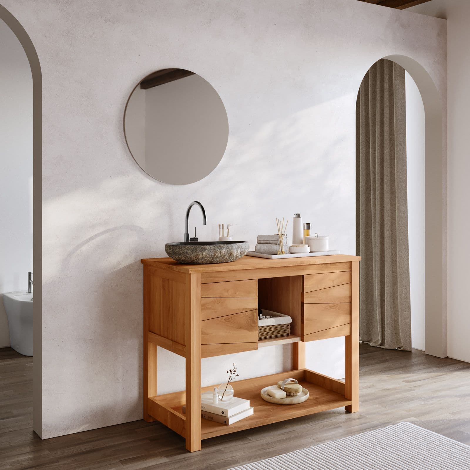 Mobile bagno portalavabo 100 cm con 2 ante in teak naturale - Beyan