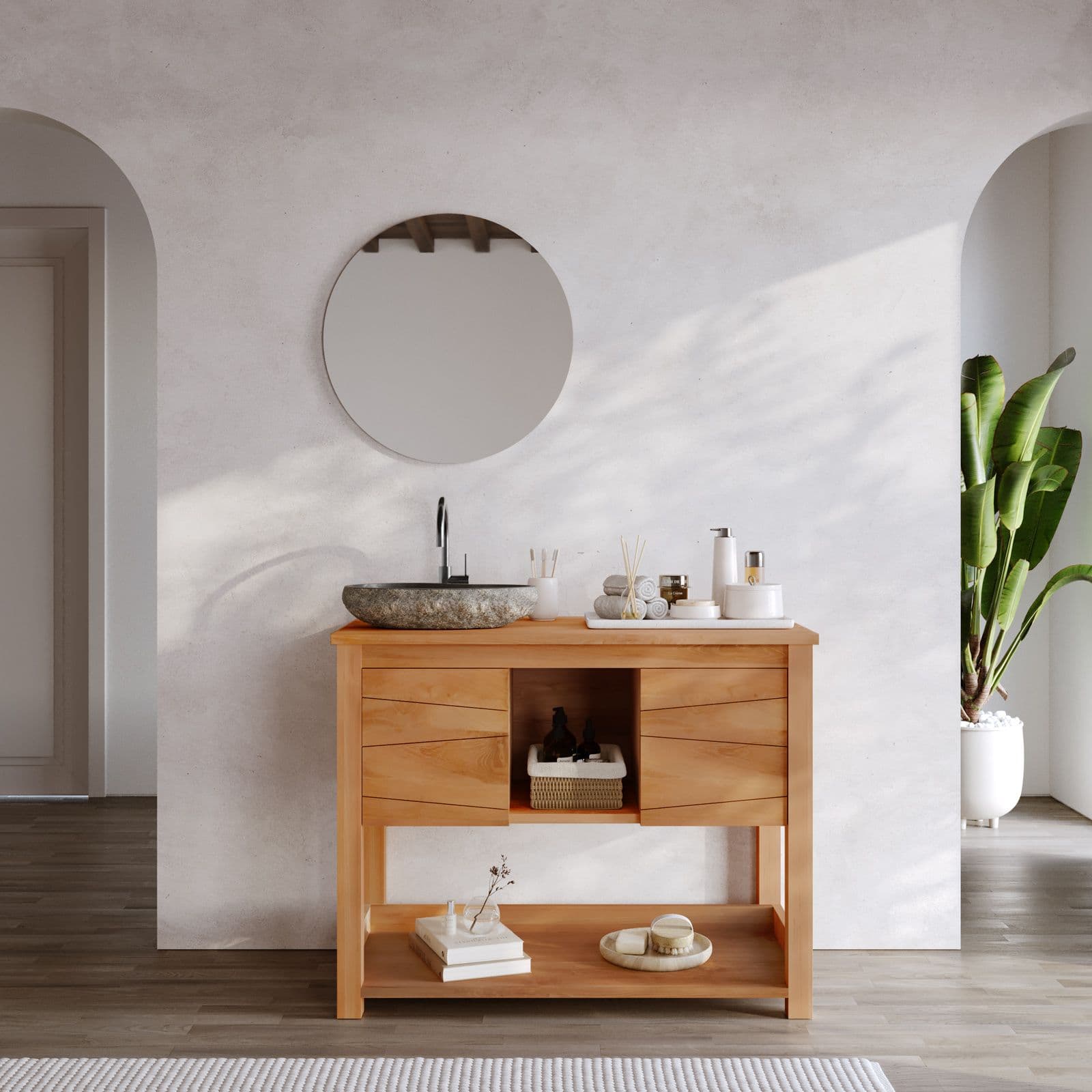 Mobile bagno portalavabo 100 cm con 2 ante in teak naturale - Beyan
