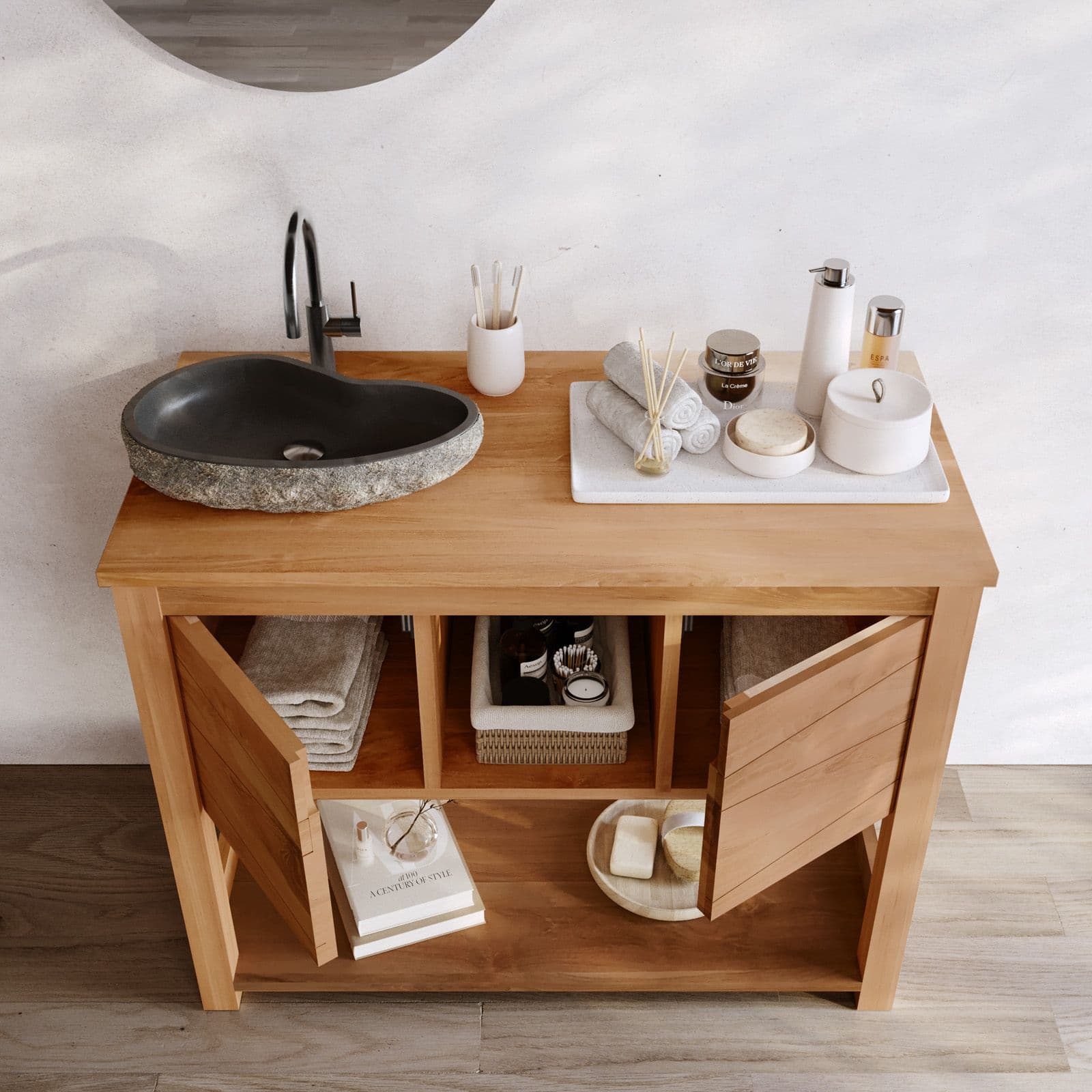 Mobile bagno portalavabo 100 cm con 2 ante in teak naturale - Beyan