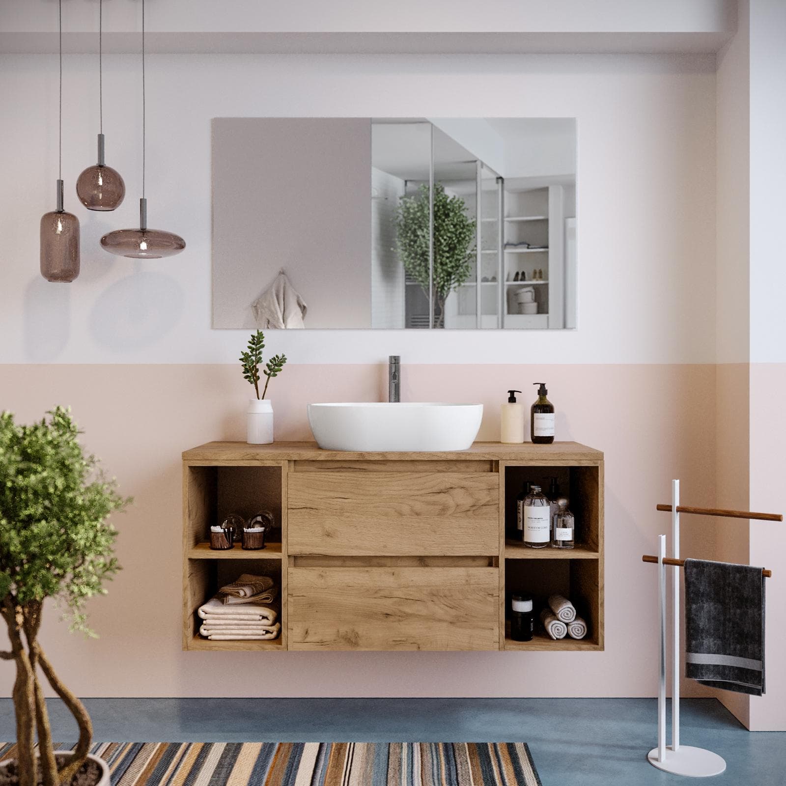 Mobile bagno portalavabo 120 cm rovere gold con vani a giorno e specchio - Anami