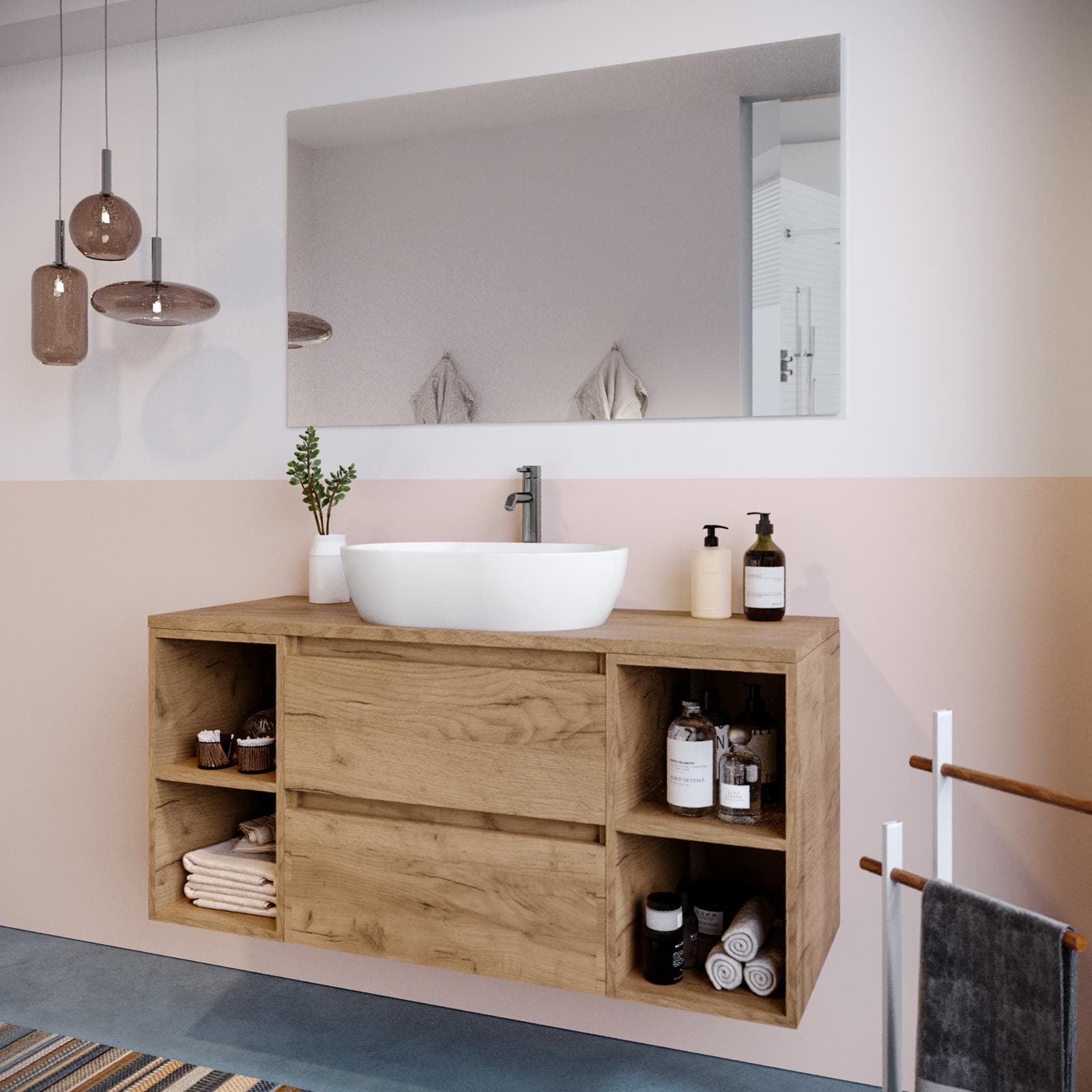 Mobile bagno portalavabo 120 cm rovere gold con vani a giorno e specchio - Anami