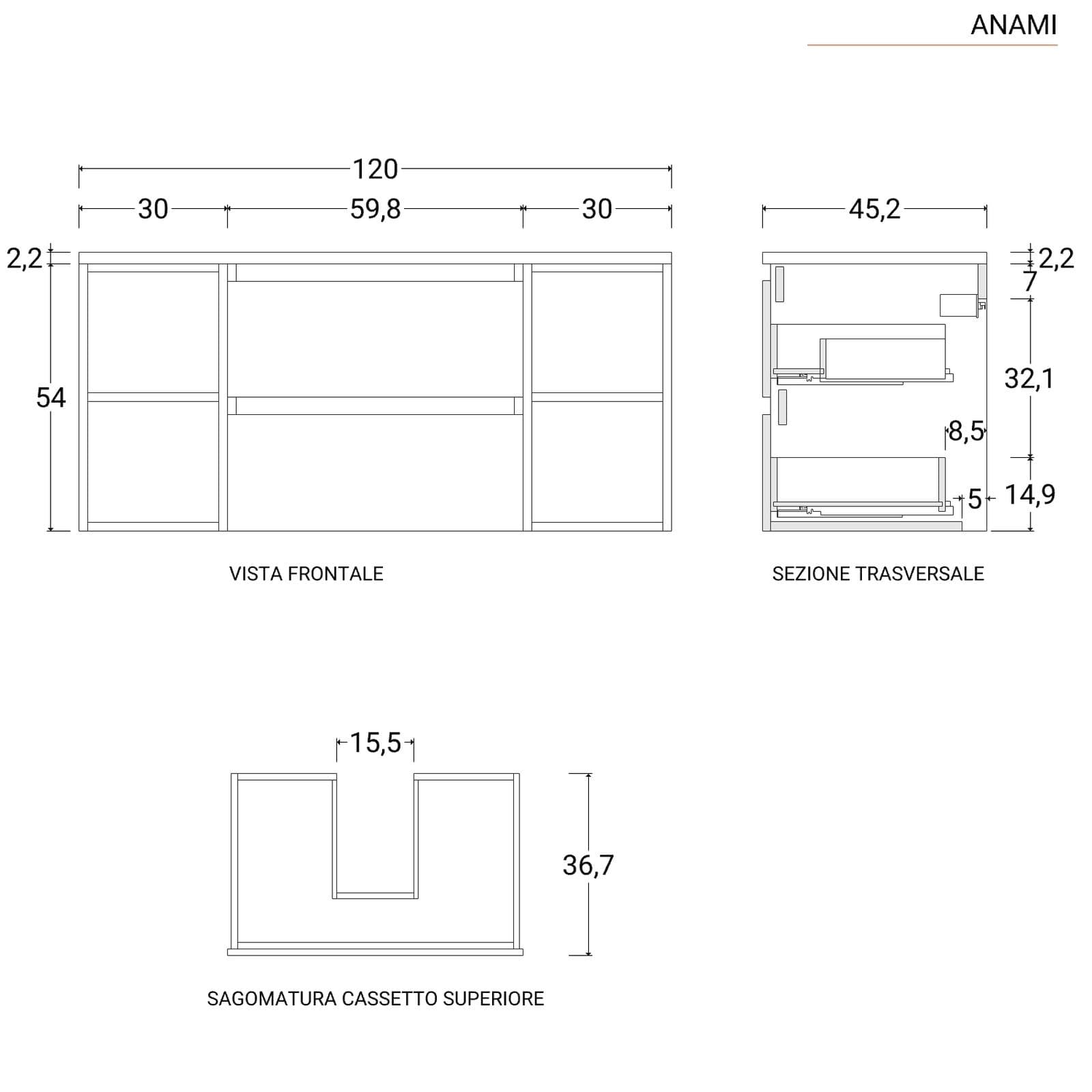 Mobile bagno portalavabo 120 cm rovere gold con vani a giorno e specchio - Anami