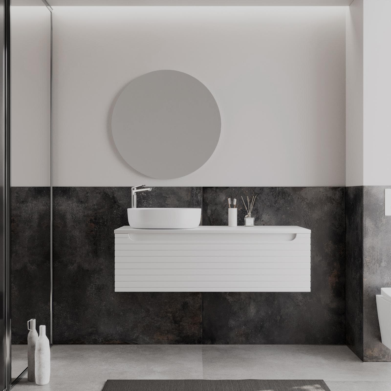 Mobile bagno portalavabo sx 120cm bianco opaco cannettato con top e specchio - Deck