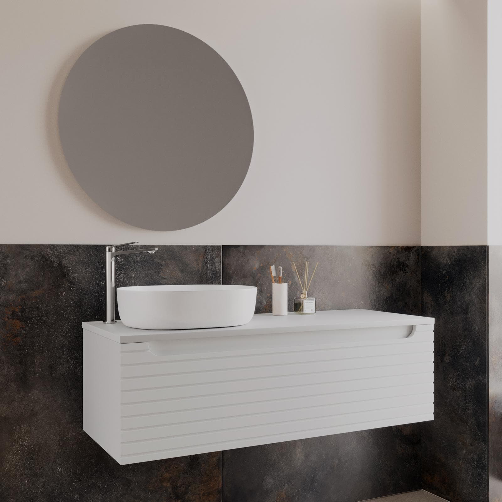 Mobile bagno portalavabo sx 120cm bianco opaco cannettato con top e specchio - Deck