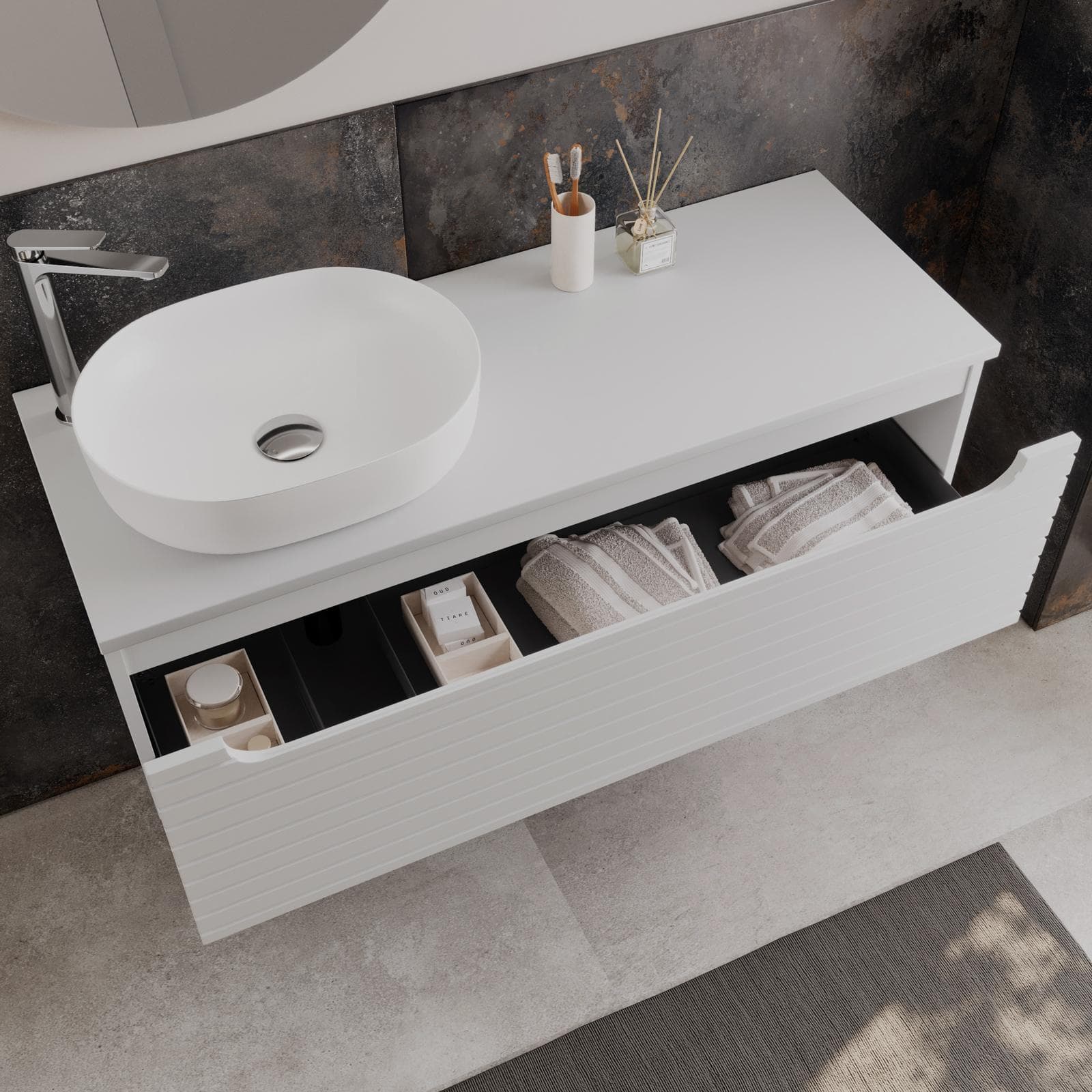Mobile bagno portalavabo sx 120cm bianco opaco cannettato con top e specchio - Deck