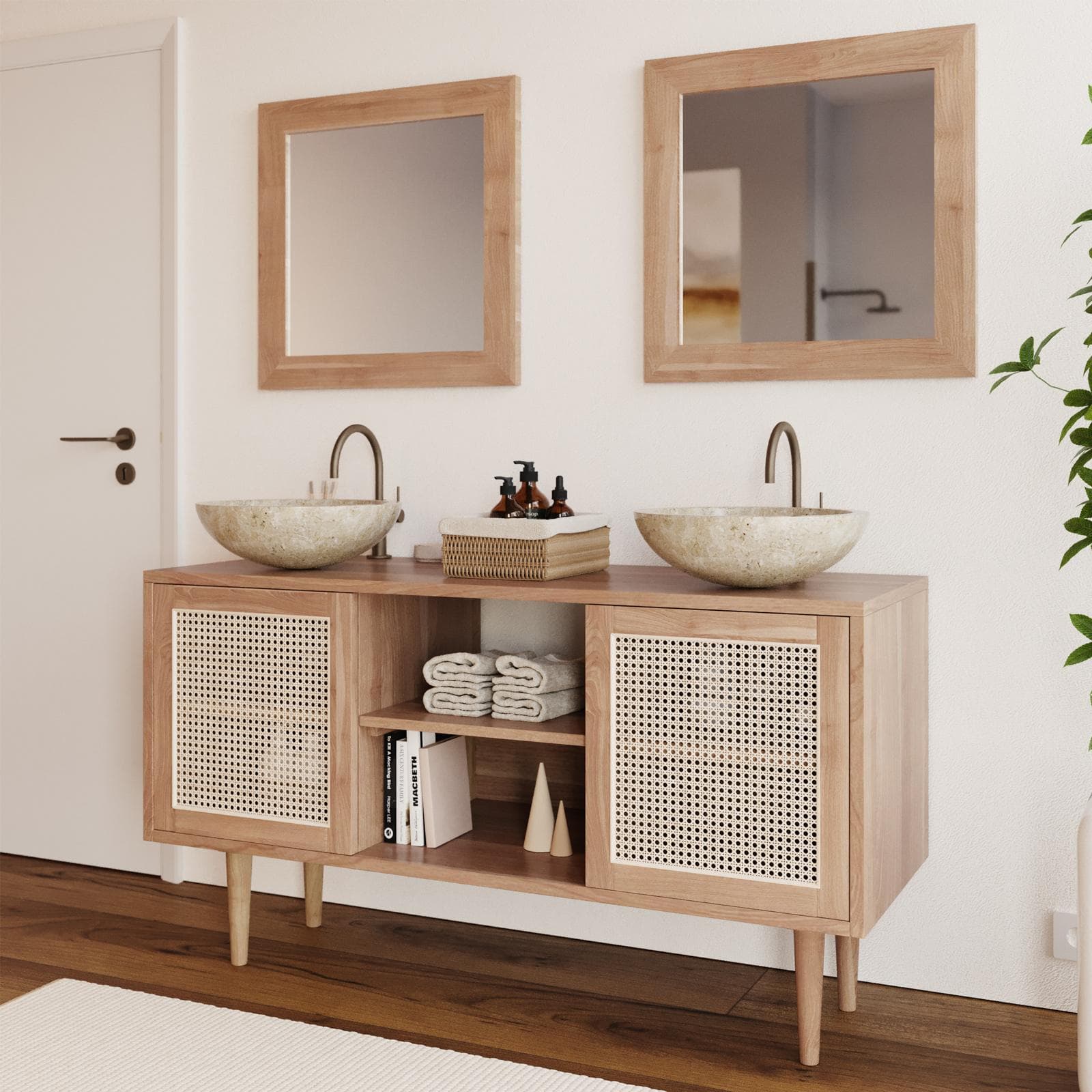 Mobile bagno portalavabo 135 cm con 2 ante in teak naturale e paglia di vienna - Malindi