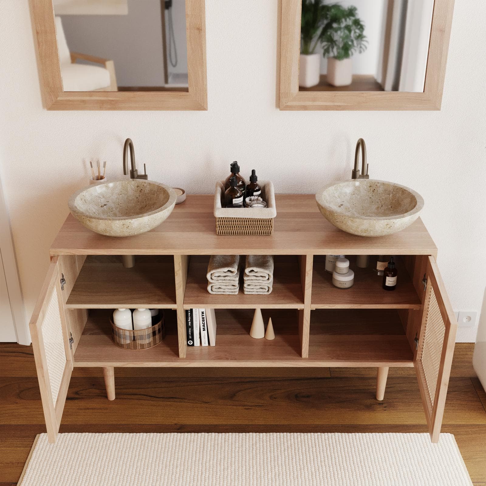 Mobile bagno portalavabo 135 cm con 2 ante in teak naturale e paglia di vienna - Malindi