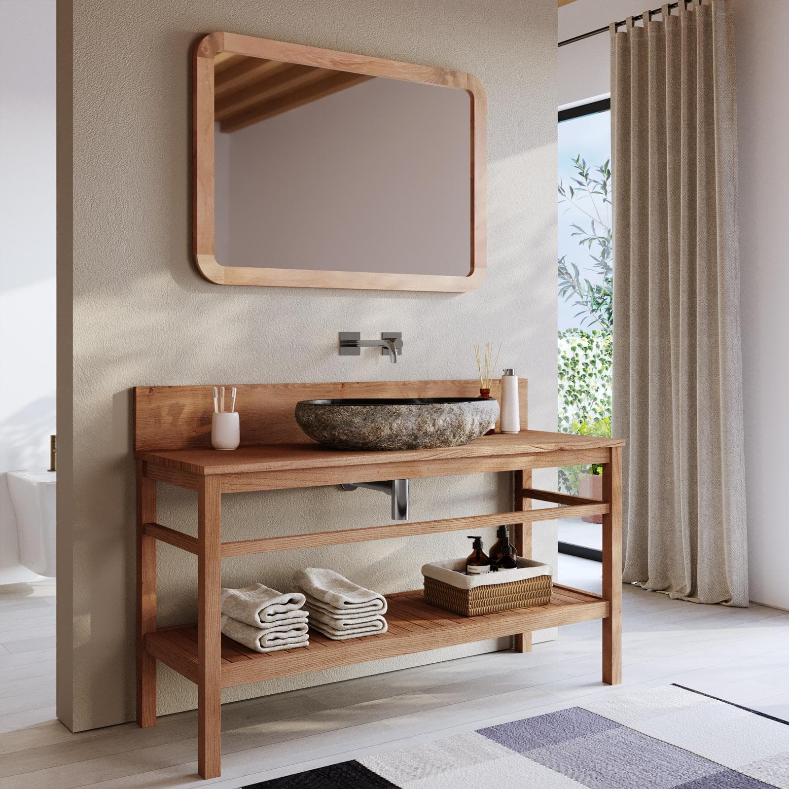 Mobile bagno portalavabo 135 cm con ripiano in legno di acacia - Twinky