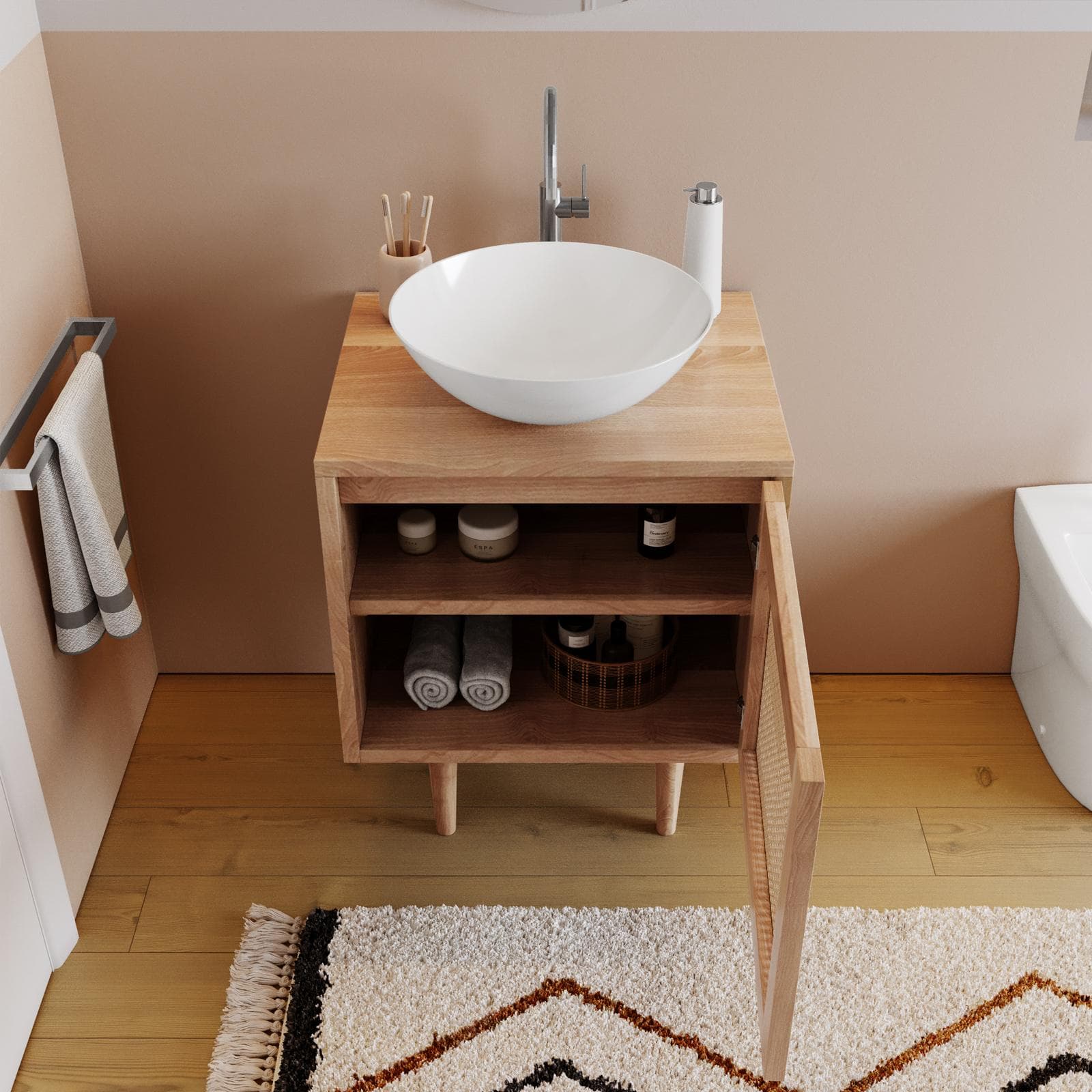 Mobile bagno portalavabo 60 cm con anta in teak naturale e paglia di vienna - Malindi
