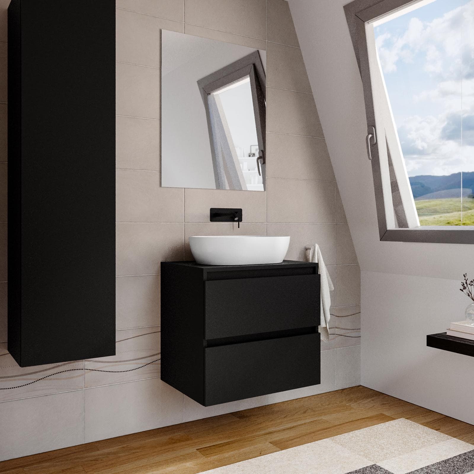 Mobile bagno portalavabo 60 cm nero opaco con cassetti e specchio - Anami