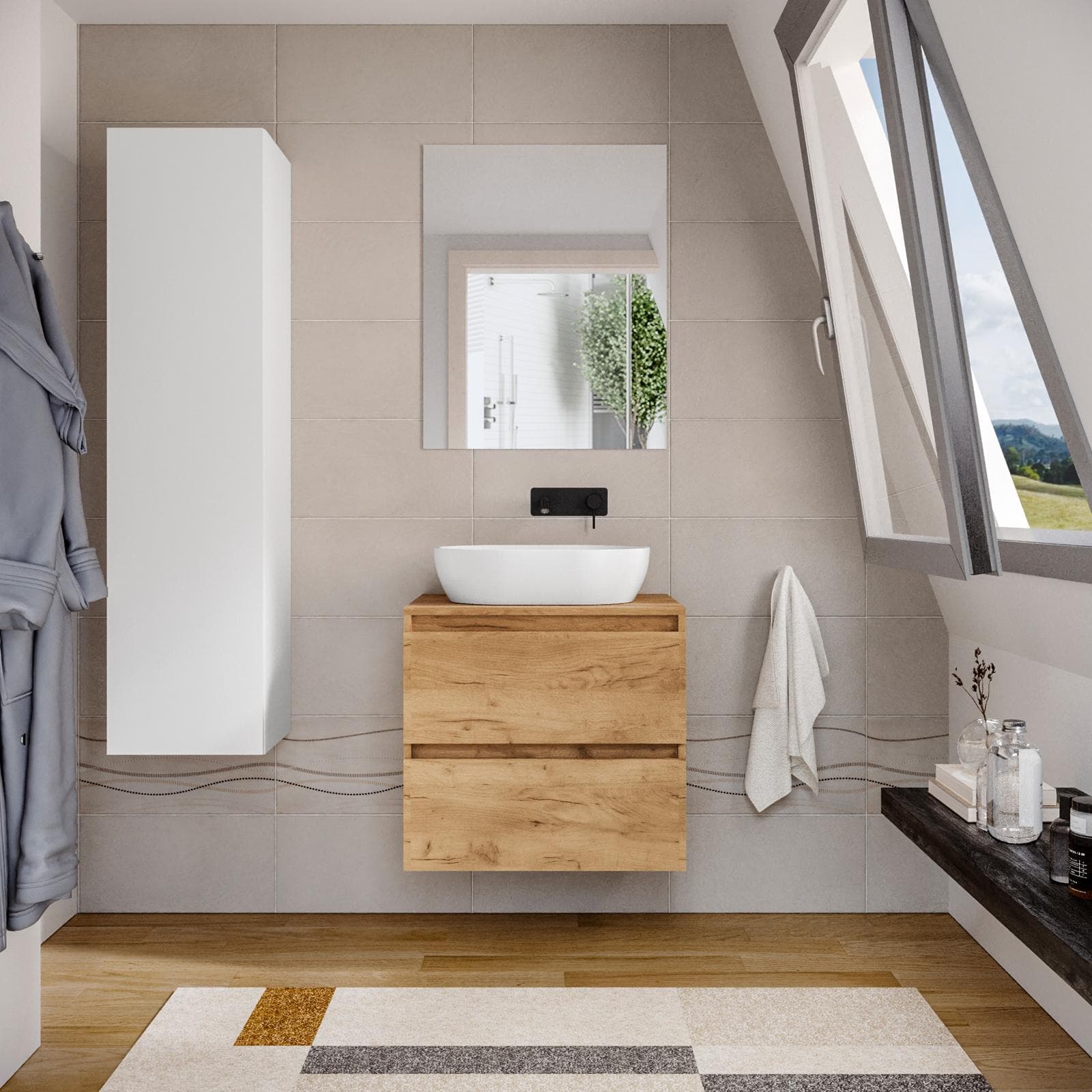 Mobile bagno portalavabo 60 cm rovere gold con cassetti e specchio - Anami