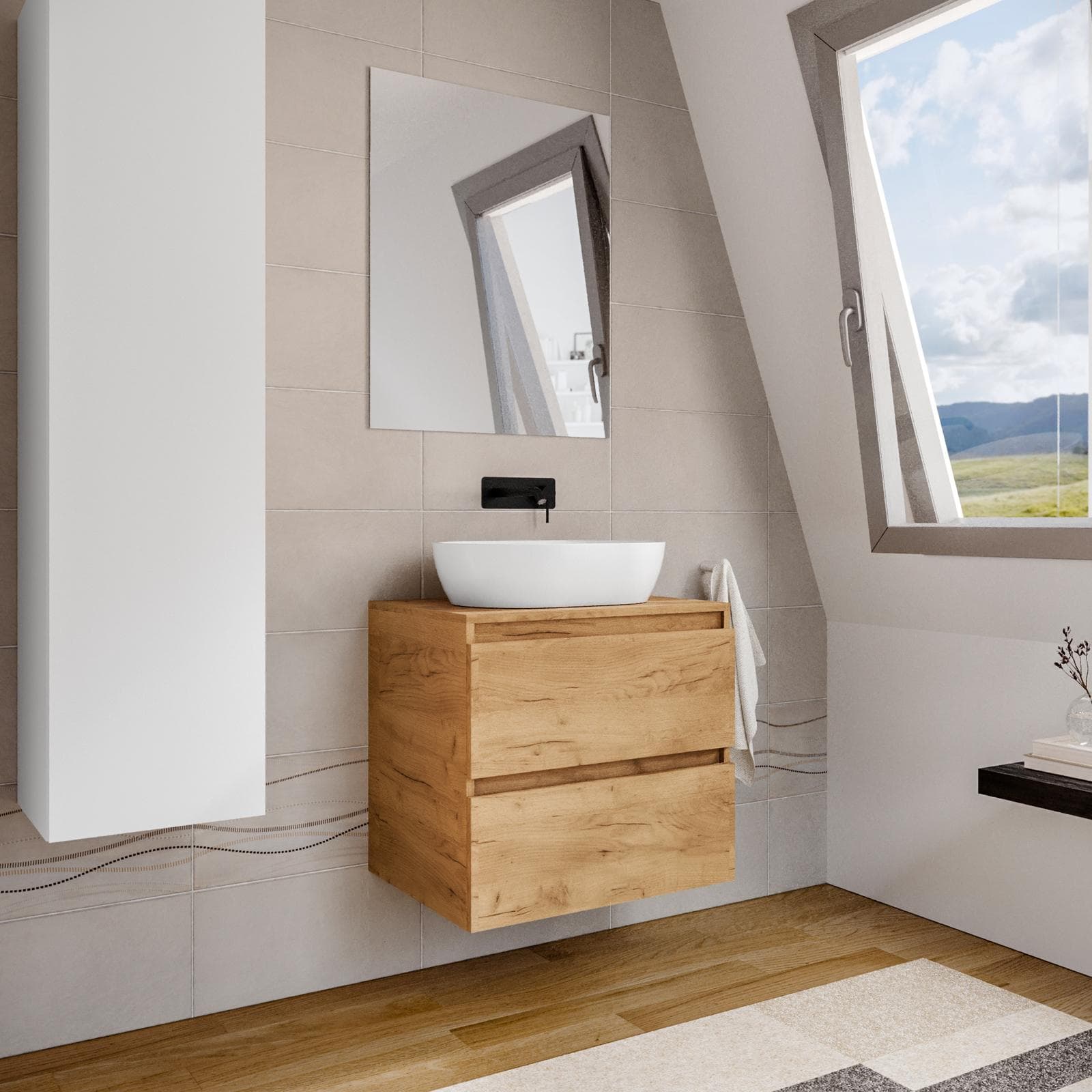 Mobile bagno portalavabo 60 cm rovere gold con cassetti e specchio - Anami