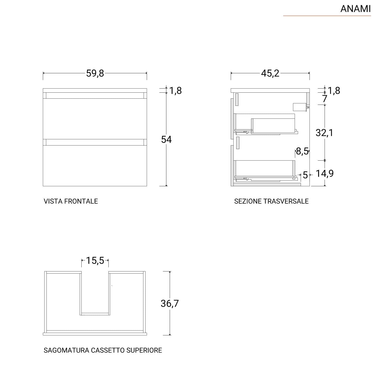 Mobile bagno portalavabo 60 cm rovere gold con cassetti e specchio - Anami