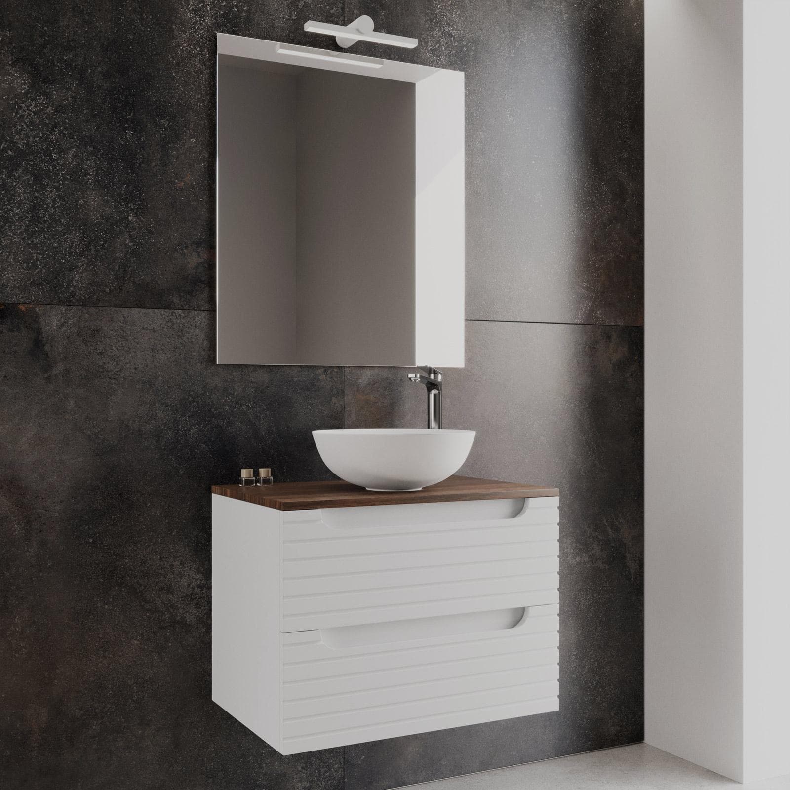 Mobile bagno sospeso 70 cm con cassetti bianco opaco cannettato con top rovere deciso e specchio - Deck