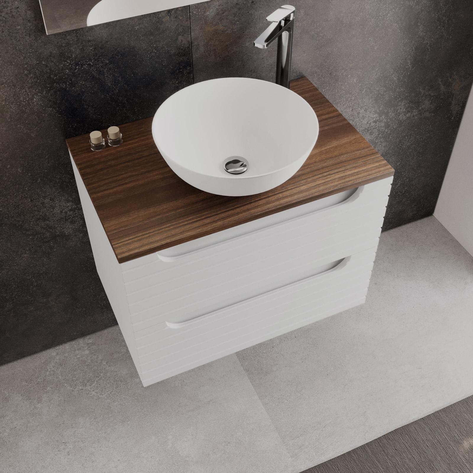 Mobile bagno sospeso 70 cm con cassetti bianco opaco cannettato con top rovere deciso e specchio - Deck