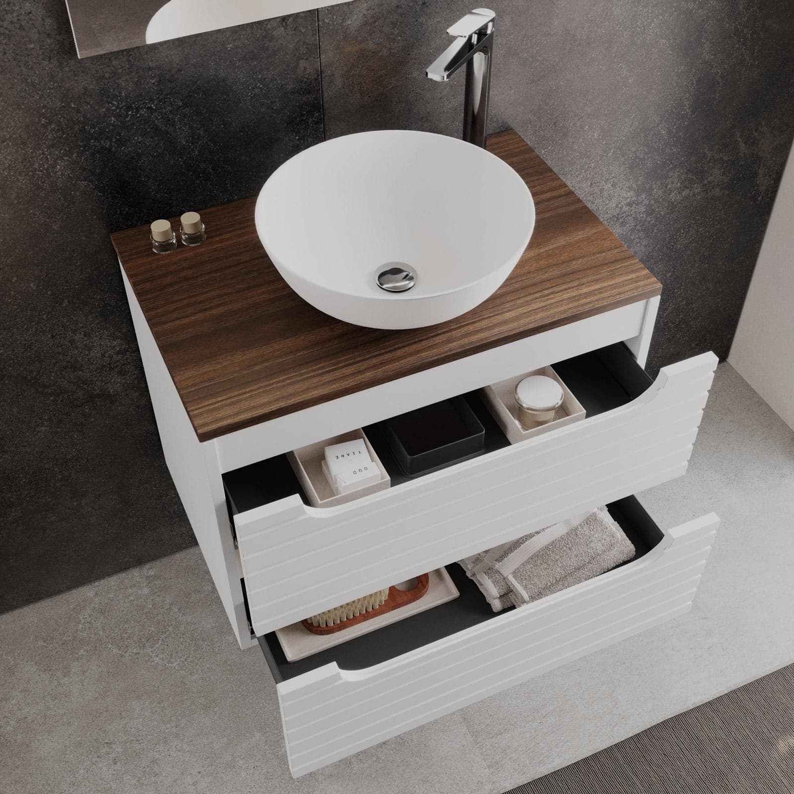 Mobile bagno sospeso 70 cm con cassetti bianco opaco cannettato con top rovere deciso e specchio - Deck