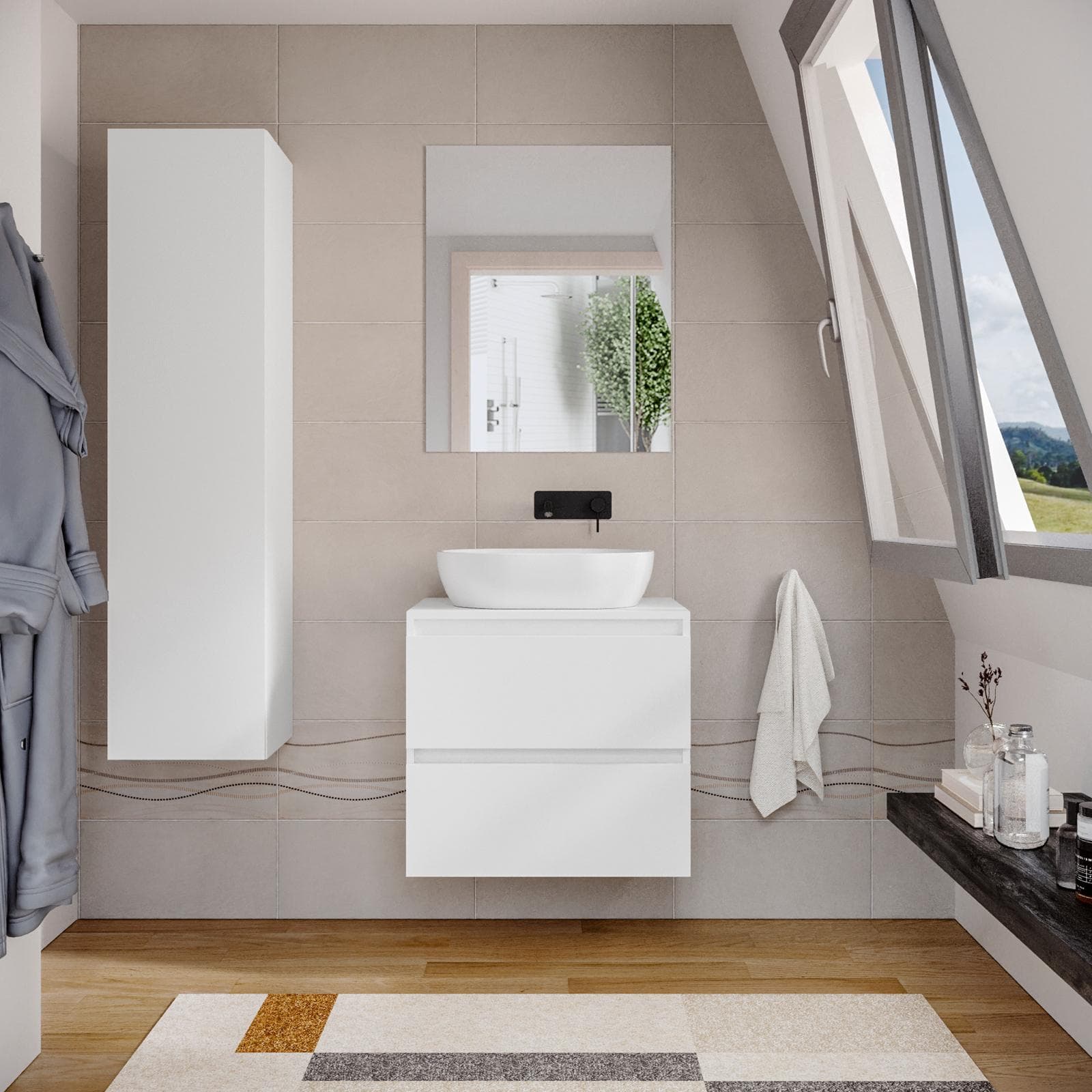 Mobile bagno portalavabo 70 cm bianco opaco con cassetti e specchio - Anami