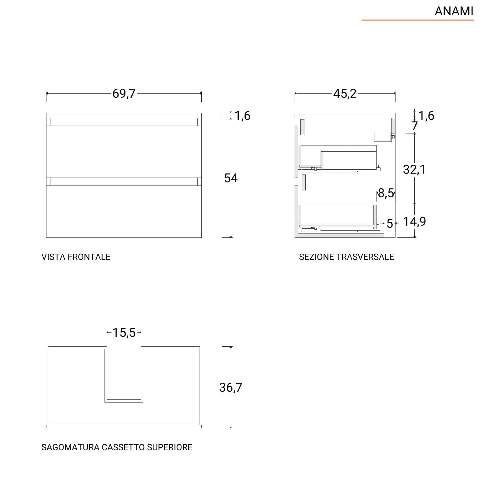 Mobile bagno portalavabo 70 cm bianco opaco con cassetti e specchio - Anami