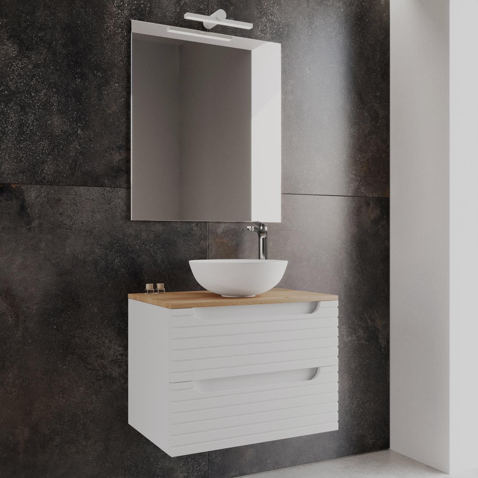 Mobile bagno sospeso 70 cm con cassetti bianco opaco cannettato con top rovere gold e specchio - Deck
