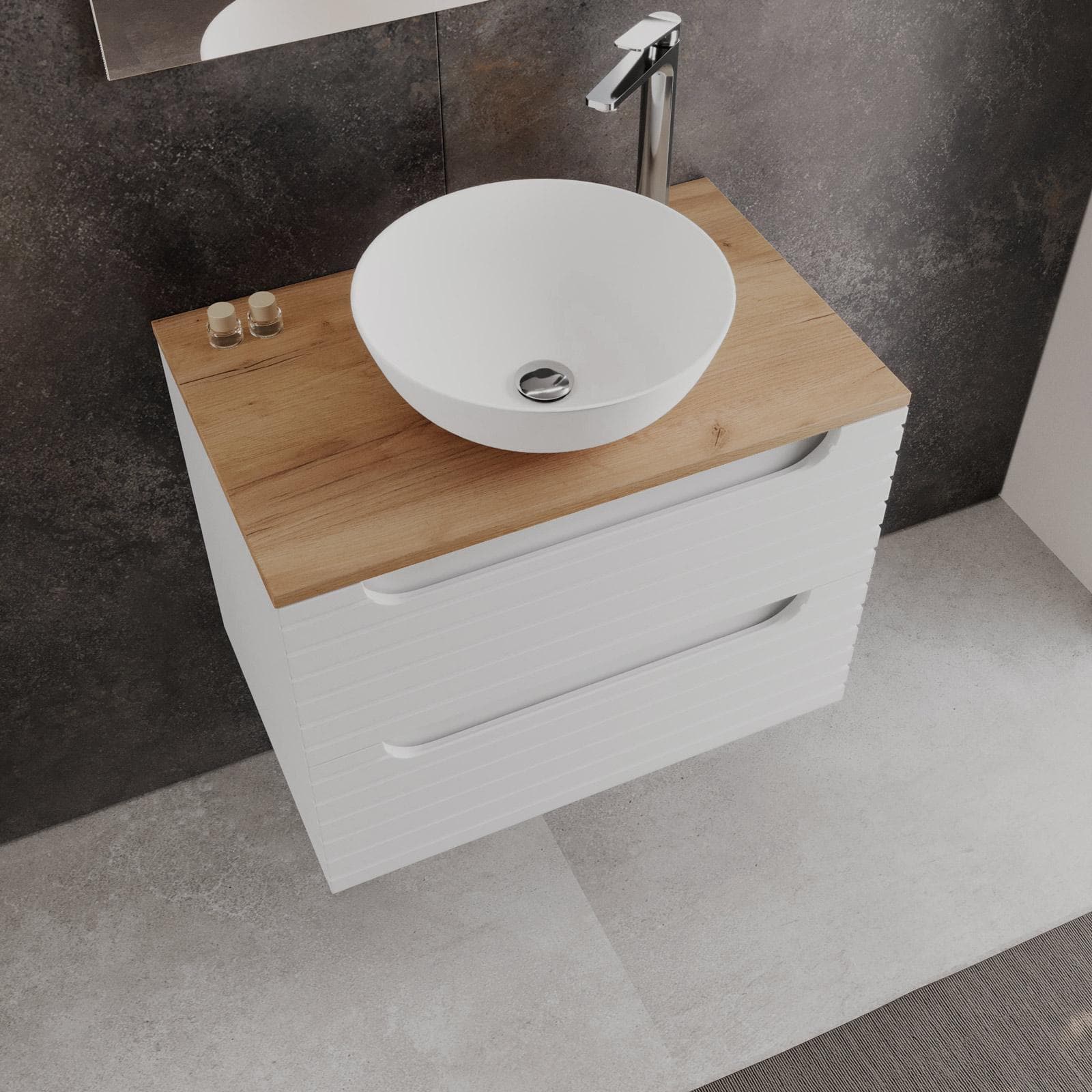 Mobile bagno sospeso 70 cm con cassetti bianco opaco cannettato con top rovere gold e specchio - Deck