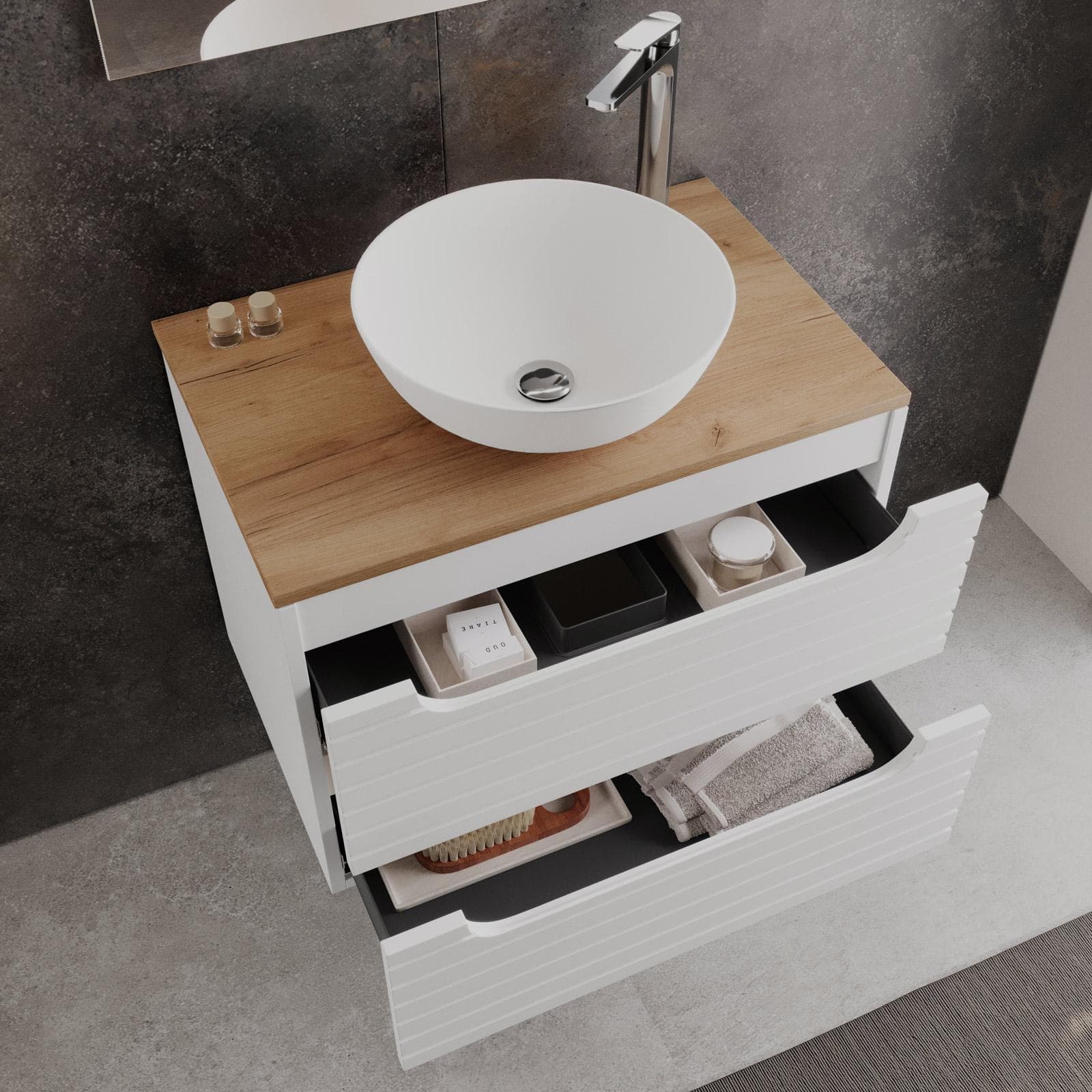 Mobile bagno sospeso 70 cm con cassetti bianco opaco cannettato con top rovere gold e specchio - Deck