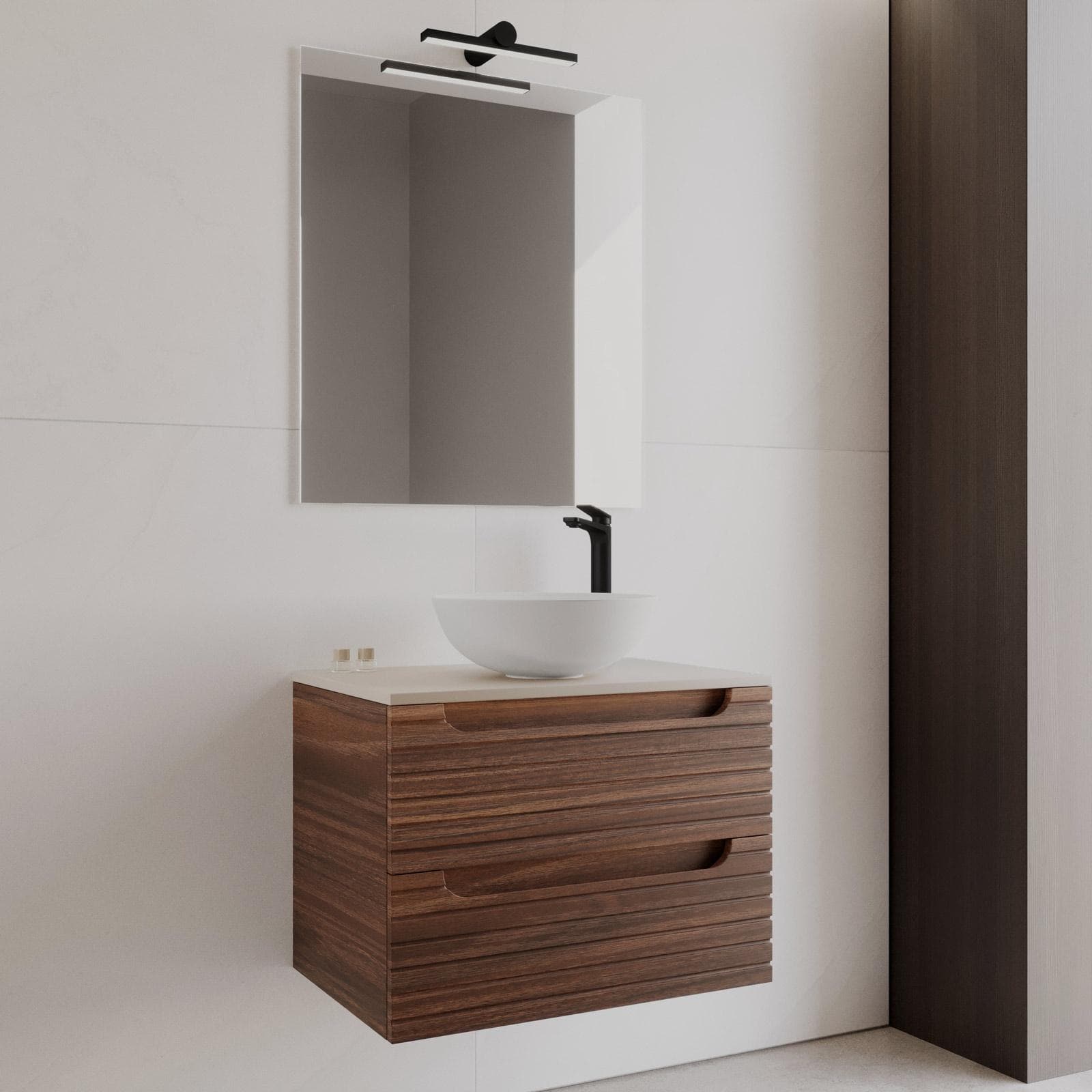 Mobile bagno sospeso 70 cm con cassetti rovere deciso cannettato e top cashmere con specchio - Deck