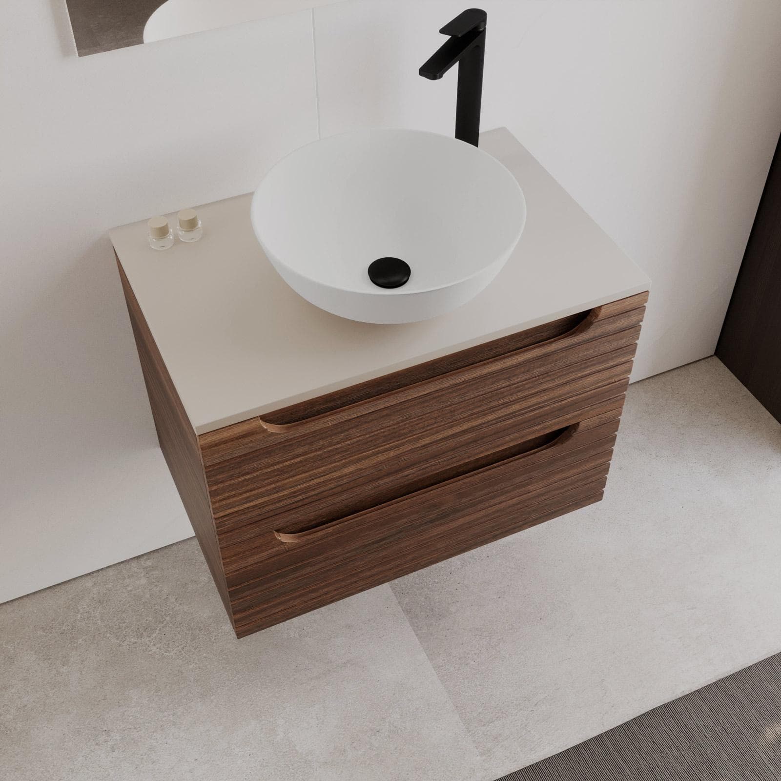 Mobile bagno sospeso 70 cm con cassetti rovere deciso cannettato e top cashmere con specchio - Deck