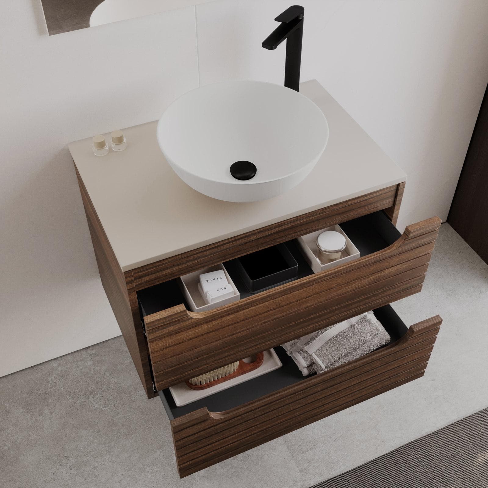 Mobile bagno sospeso 70 cm con cassetti rovere deciso cannettato e top cashmere con specchio - Deck