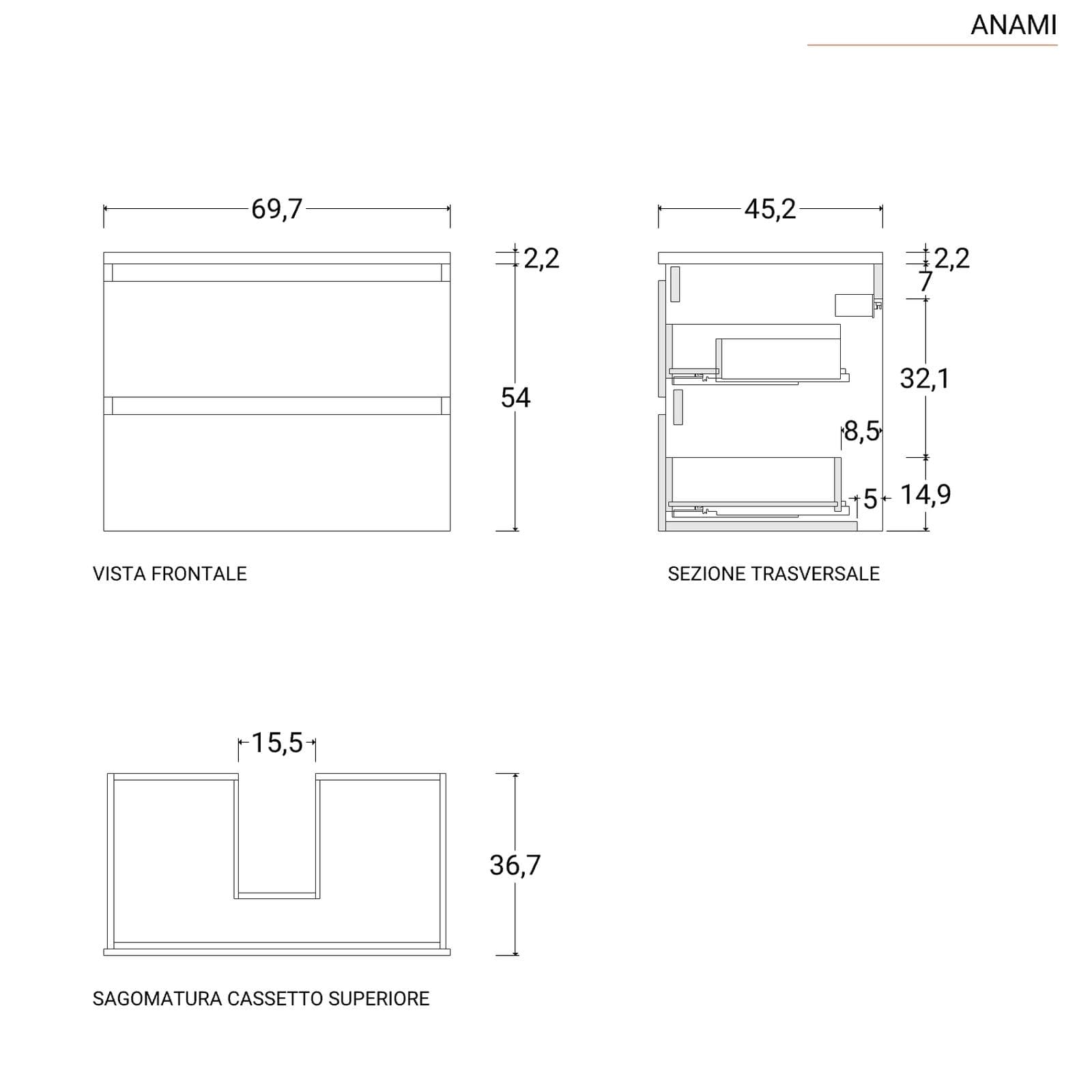 Mobile bagno portalavabo 70 cm rovere gold con cassetti e specchio - Anami