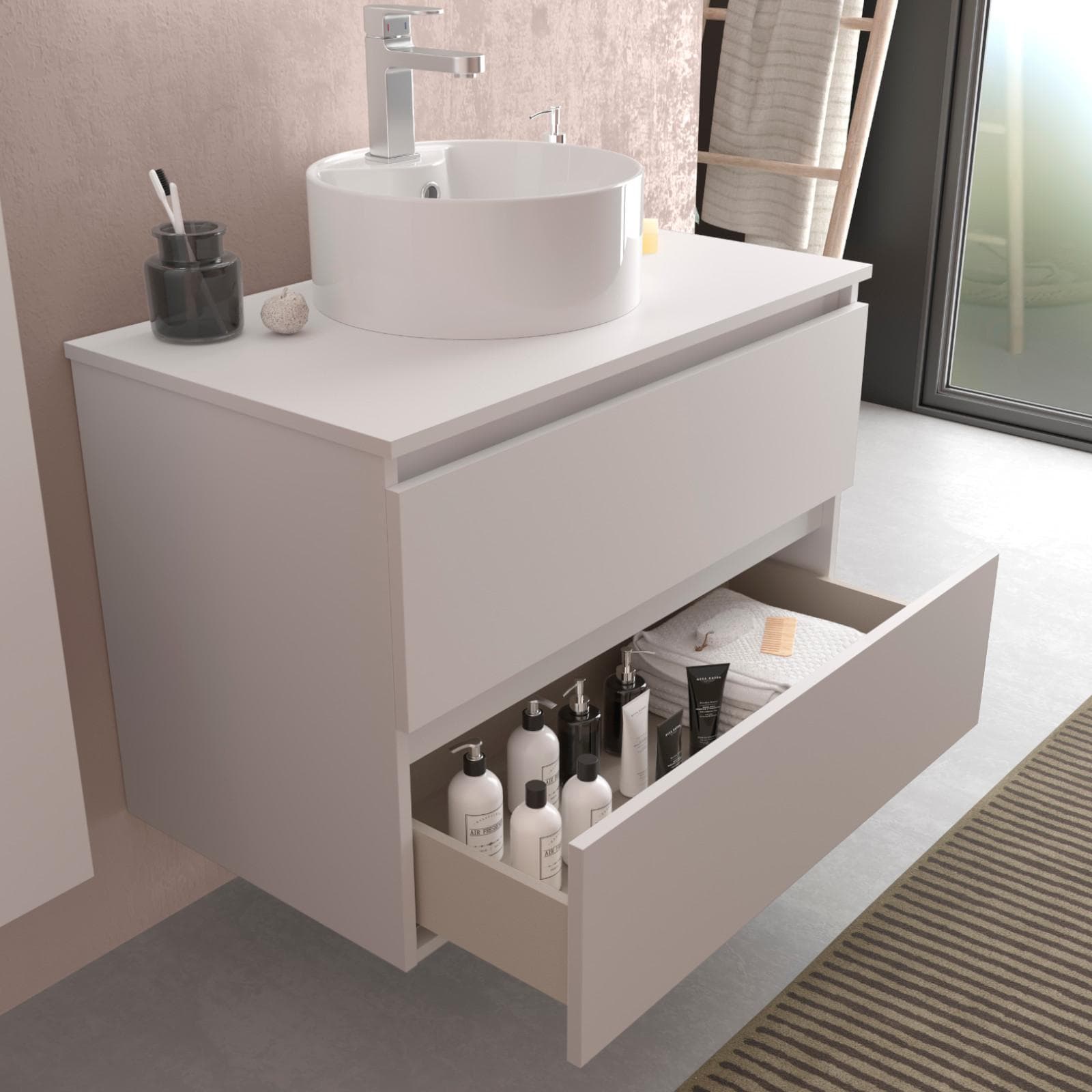 Mobile bagno portalavabo 80 cm bianco opaco con cassetti e specchio - Anami
