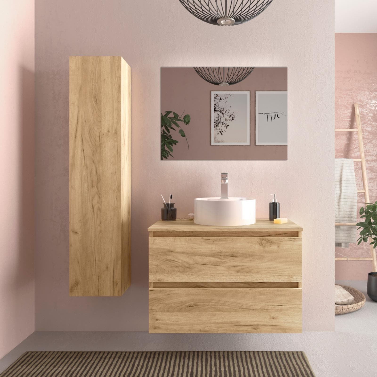 Mobile bagno portalavabo 80 cm rovere gold con cassetti e specchio - Anami