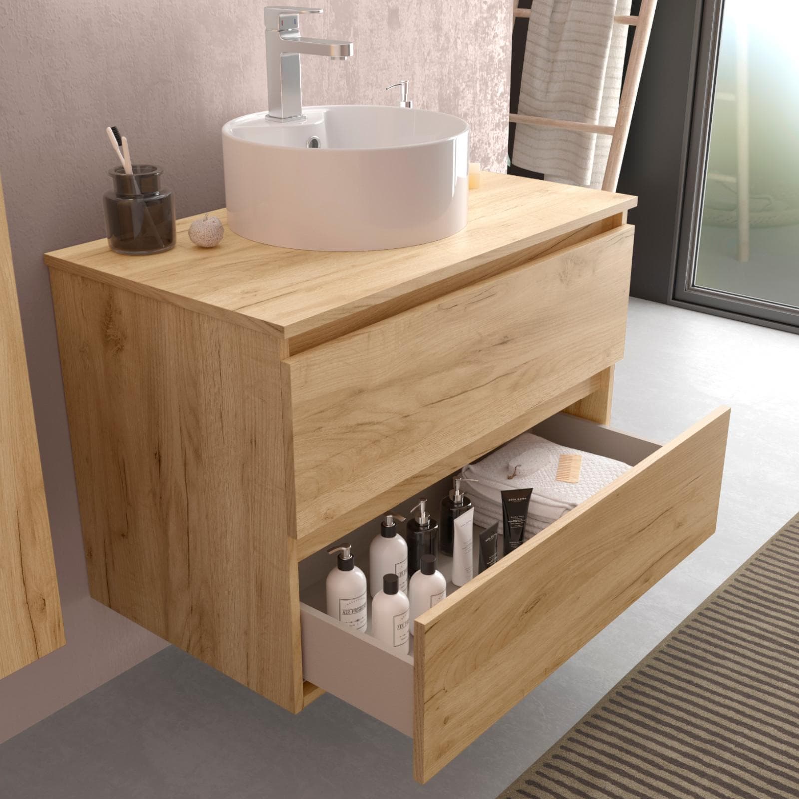 Mobile bagno portalavabo 80 cm rovere gold con cassetti e specchio - Anami