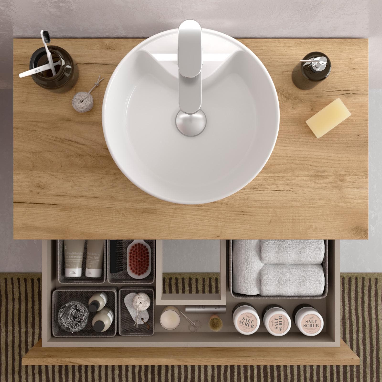 Mobile bagno portalavabo 80 cm rovere gold con cassetti e specchio - Anami