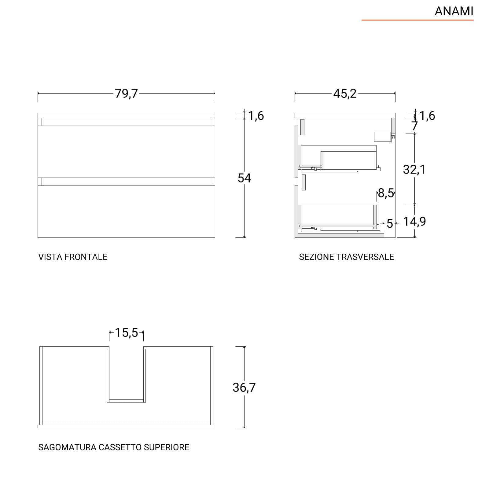 Mobile bagno portalavabo 80 cm rovere gold con cassetti e specchio - Anami