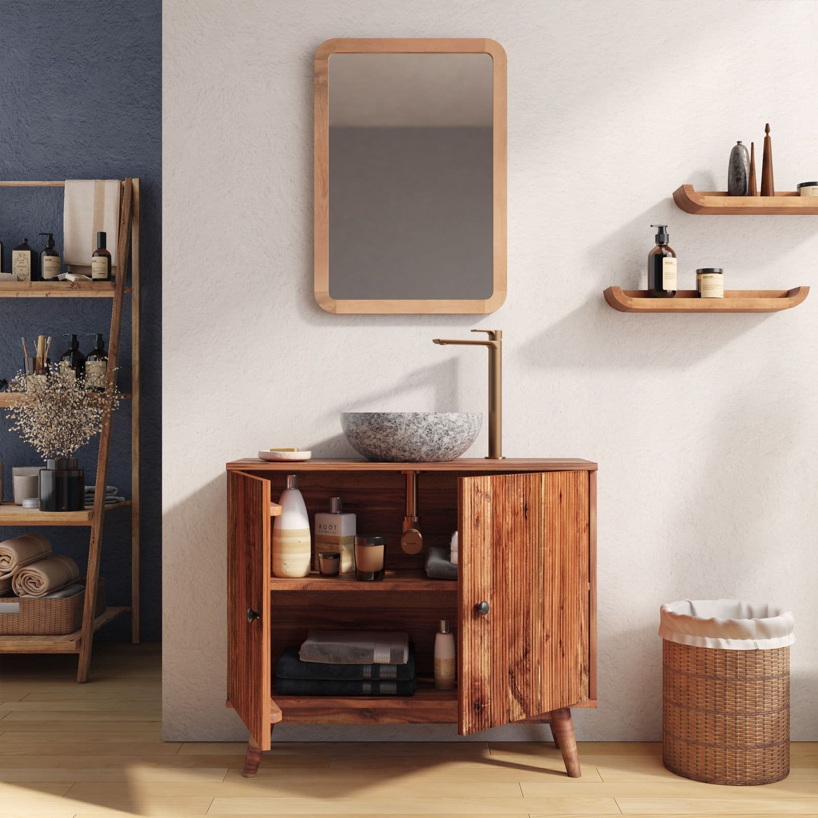 Mobile bagno portalavabo 88 cm con 2 ante in legno di acacia effetto cannettato - Freia