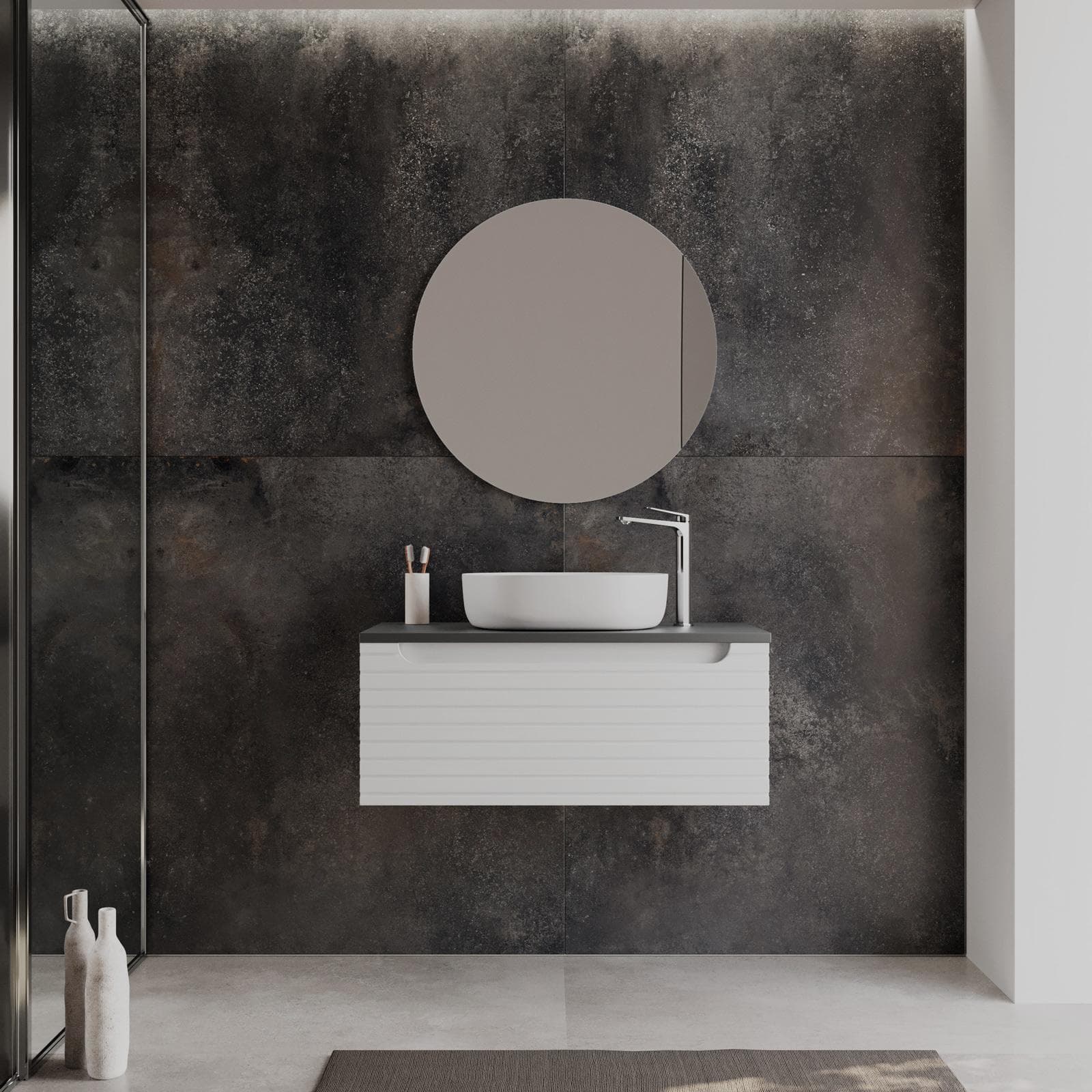 Mobile bagno sospeso 90 cm bianco opaco cannettato con top antracite e specchio - Deck
