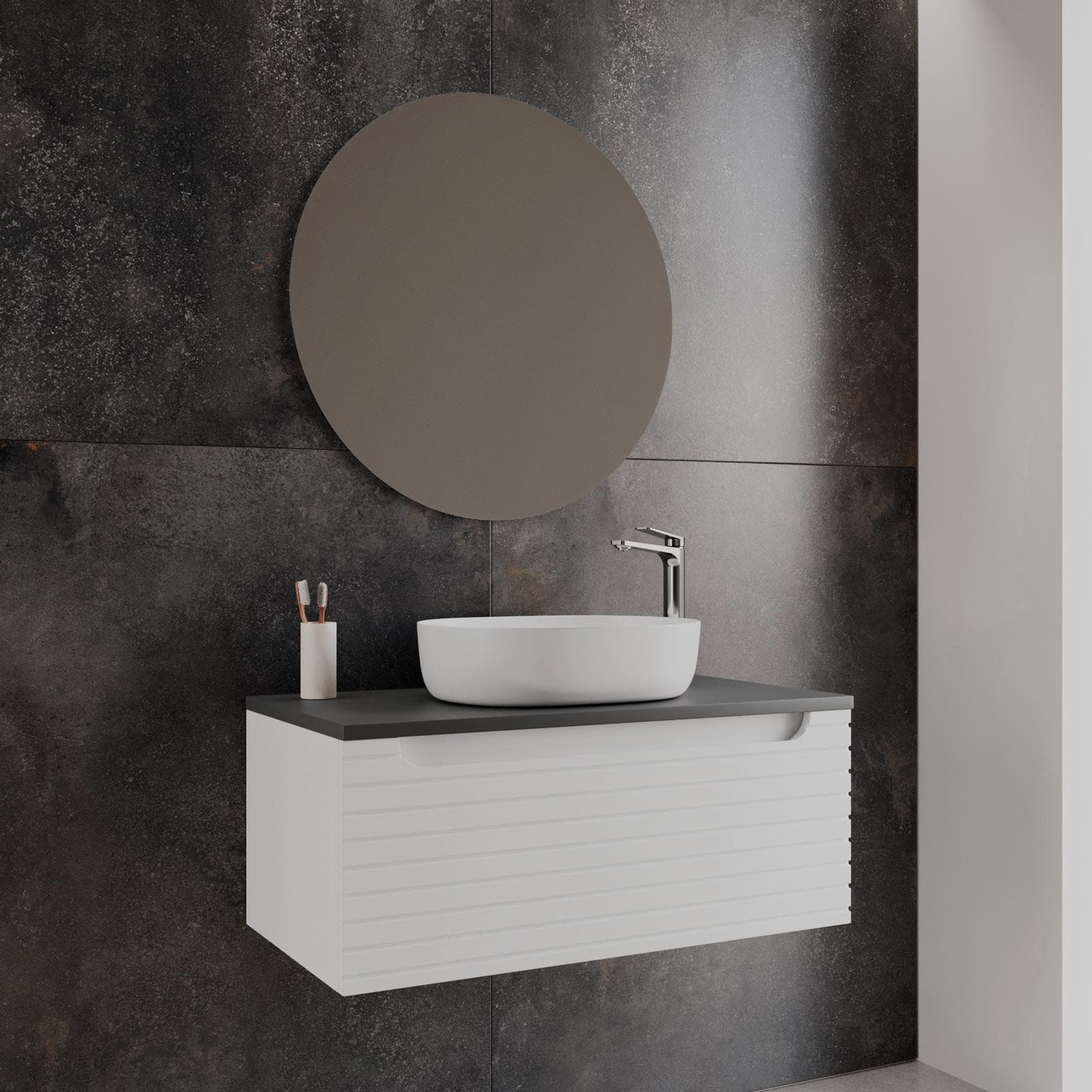 Mobile bagno sospeso 90 cm bianco opaco cannettato con top antracite e specchio - Deck
