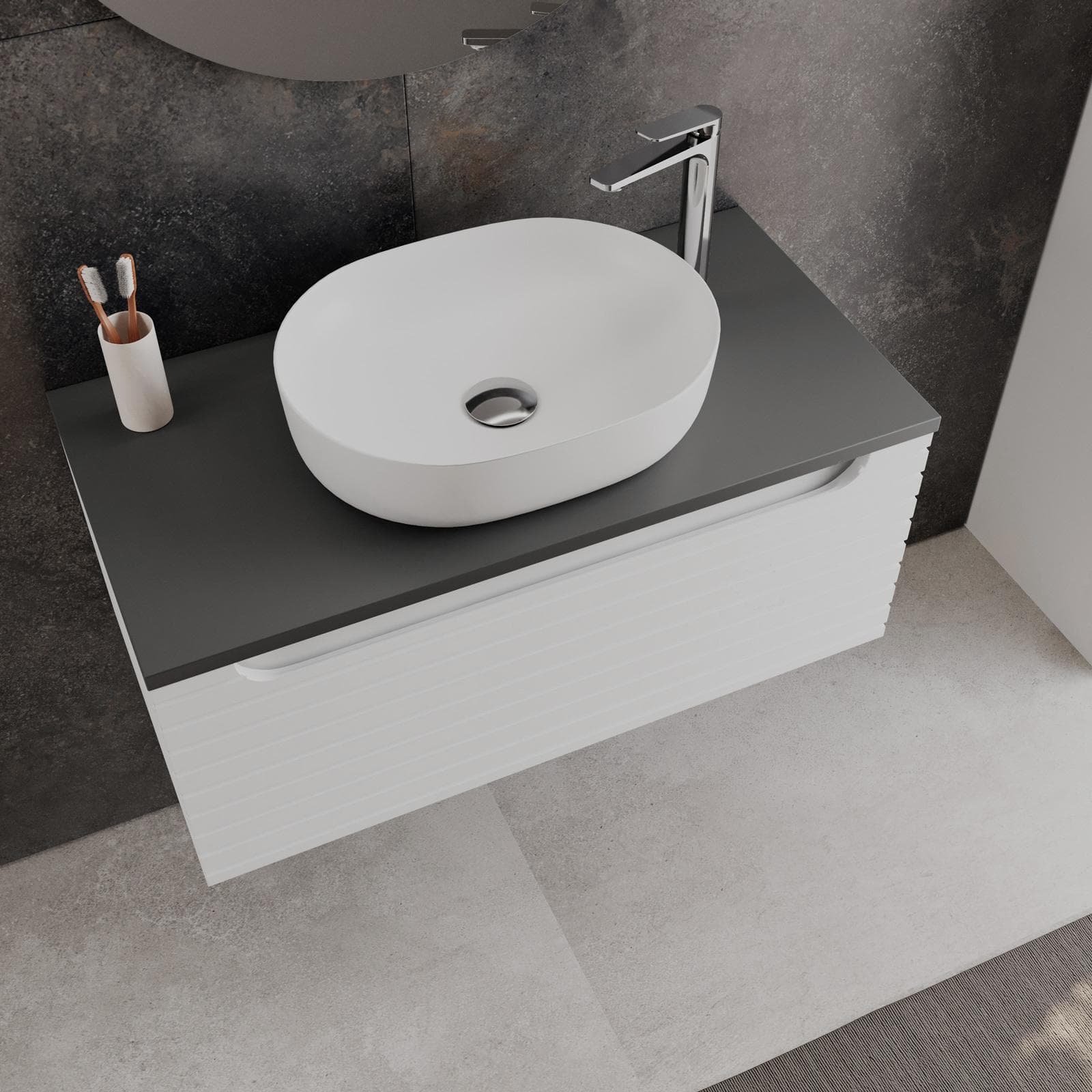 Mobile bagno sospeso 90 cm bianco opaco cannettato con top antracite e specchio - Deck