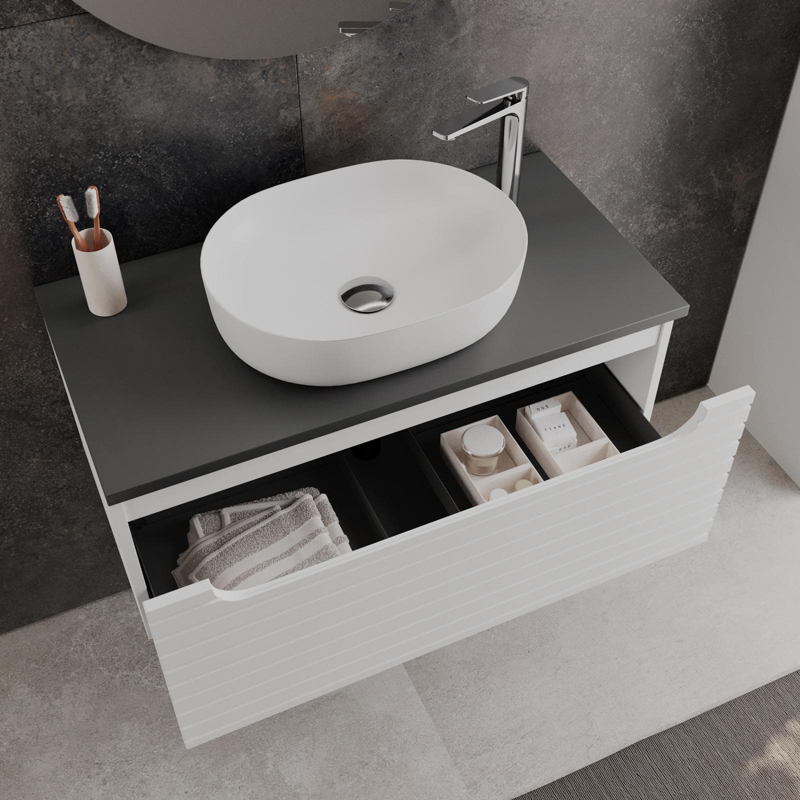 Mobile bagno sospeso 90 cm bianco opaco cannettato con top antracite e specchio - Deck