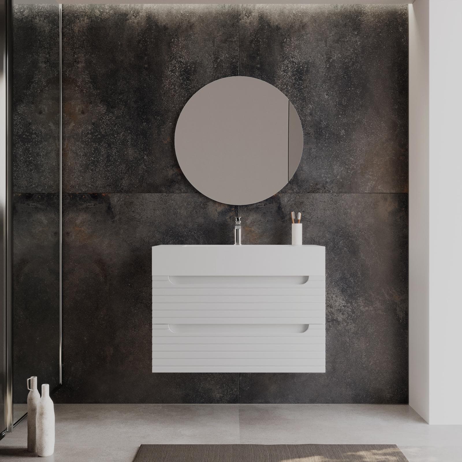 Mobile bagno sospeso 90 cm bianco opaco cannettato con cassetti e lavabo in resina con specchio - Deck