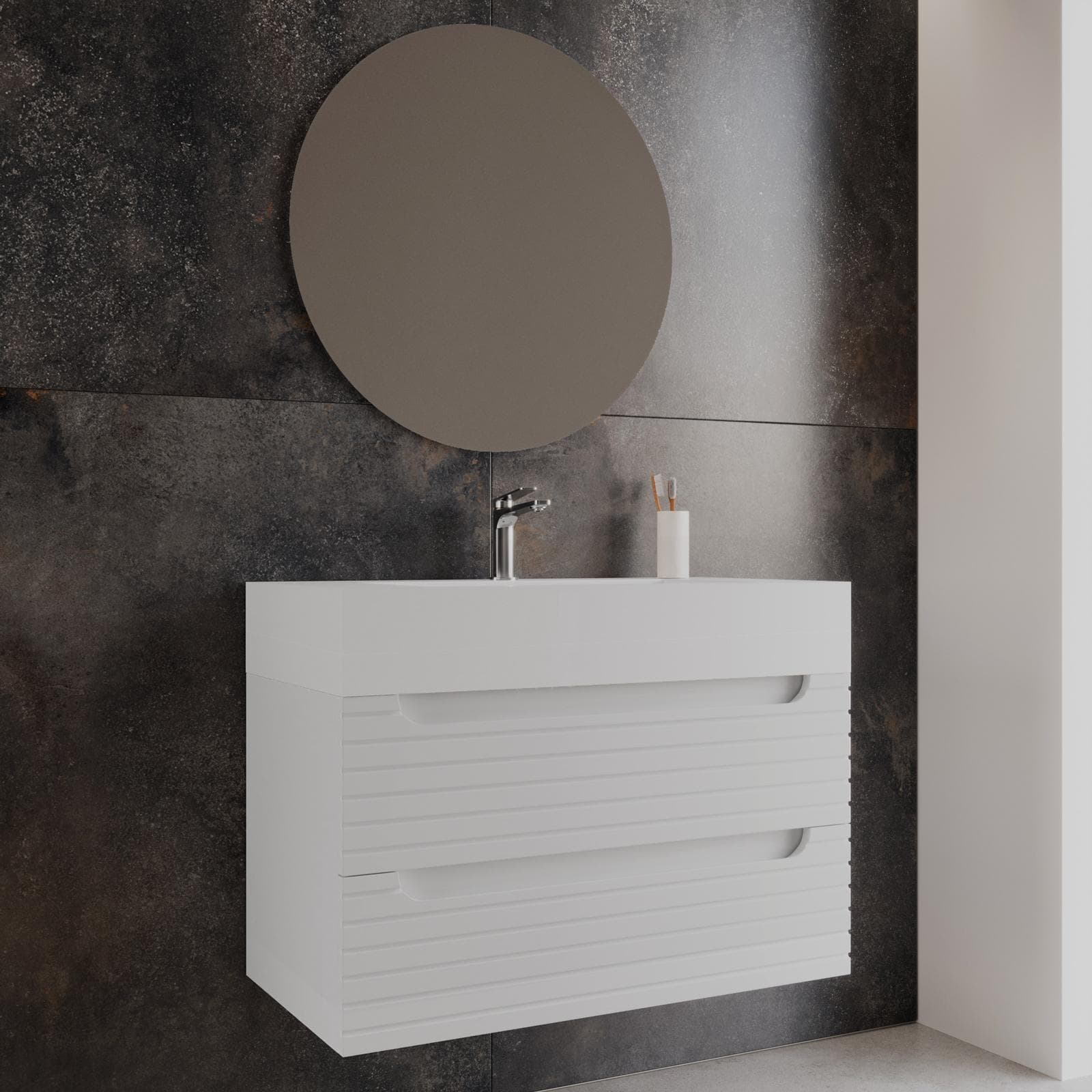 Mobile bagno sospeso 90 cm bianco opaco cannettato con cassetti e lavabo in resina con specchio - Deck