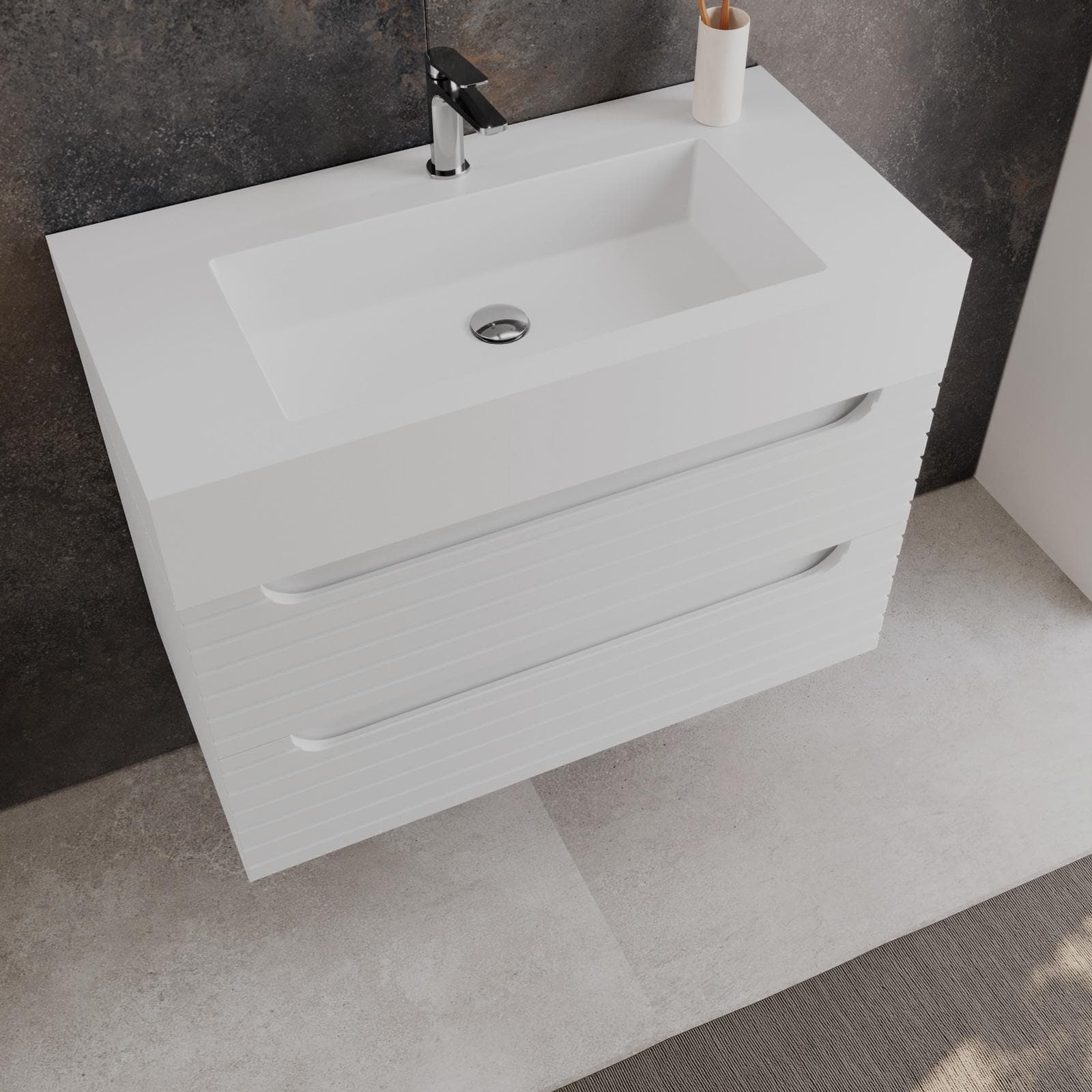 Mobile bagno sospeso 90 cm bianco opaco cannettato con cassetti e lavabo in resina con specchio - Deck