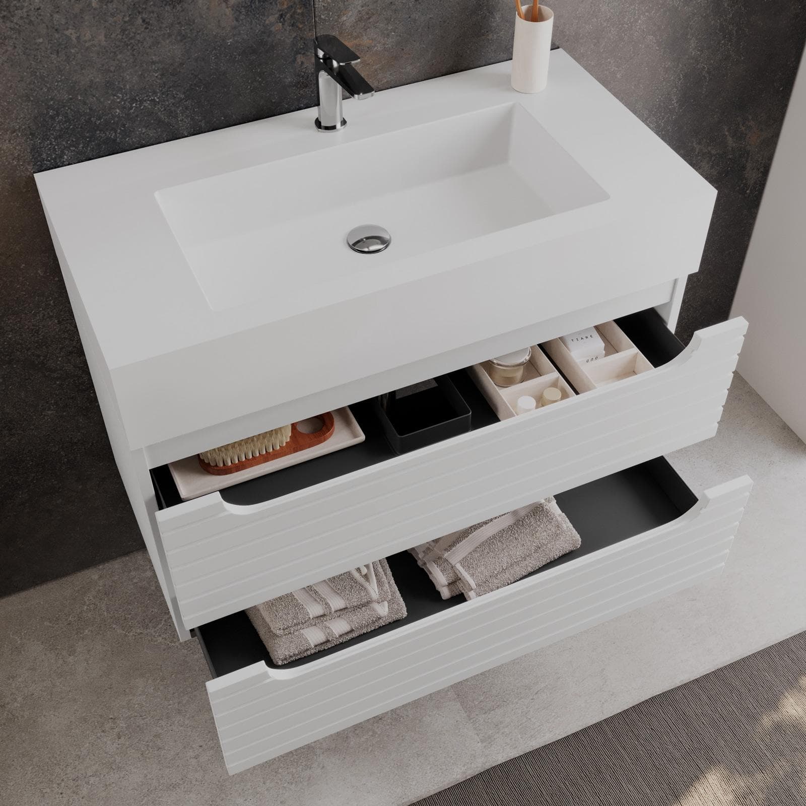 Mobile bagno sospeso 90 cm bianco opaco cannettato con cassetti e lavabo in resina con specchio - Deck