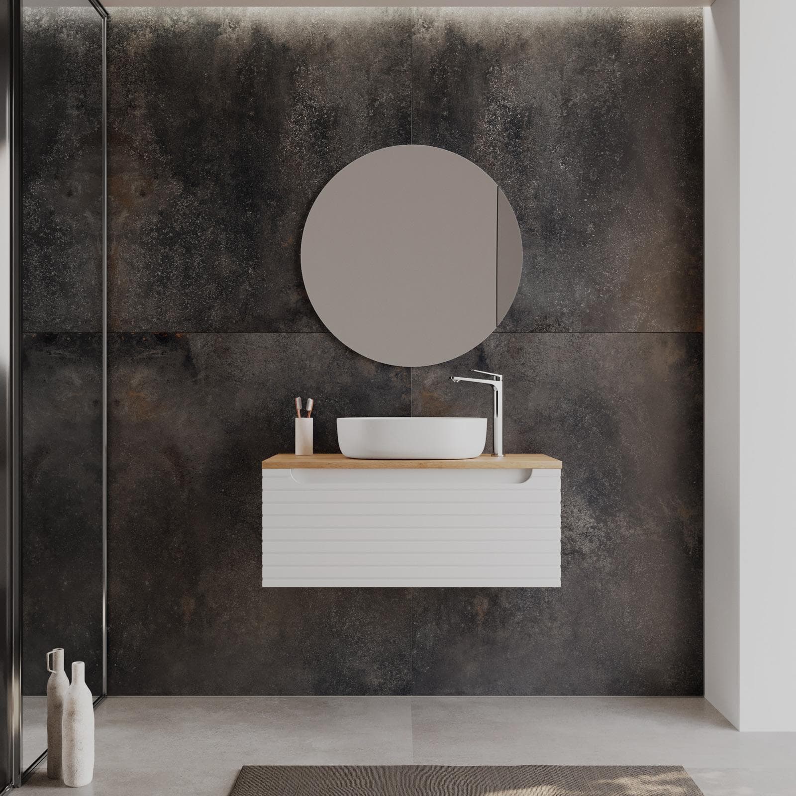 Mobile bagno sospeso 90 cm bianco opaco cannettato con cassetto e top rovere gold con specchio - Deck
