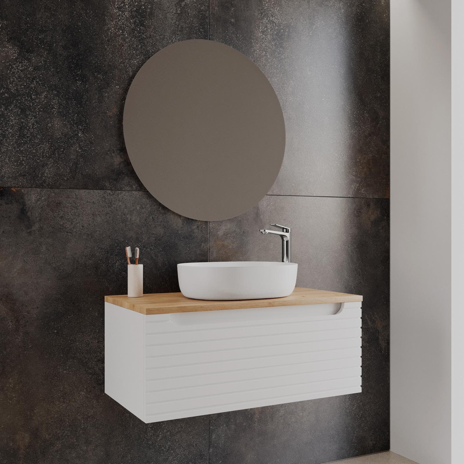 Mobile bagno sospeso 90 cm bianco opaco cannettato con cassetto e top rovere gold con specchio - Deck