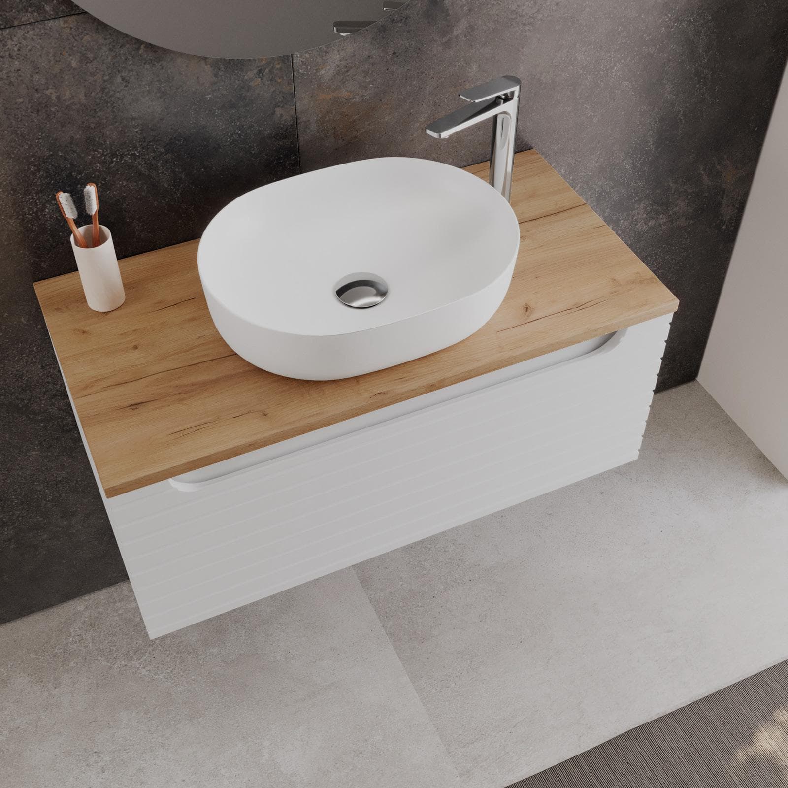 Mobile bagno sospeso 90 cm bianco opaco cannettato con cassetto e top rovere gold con specchio - Deck