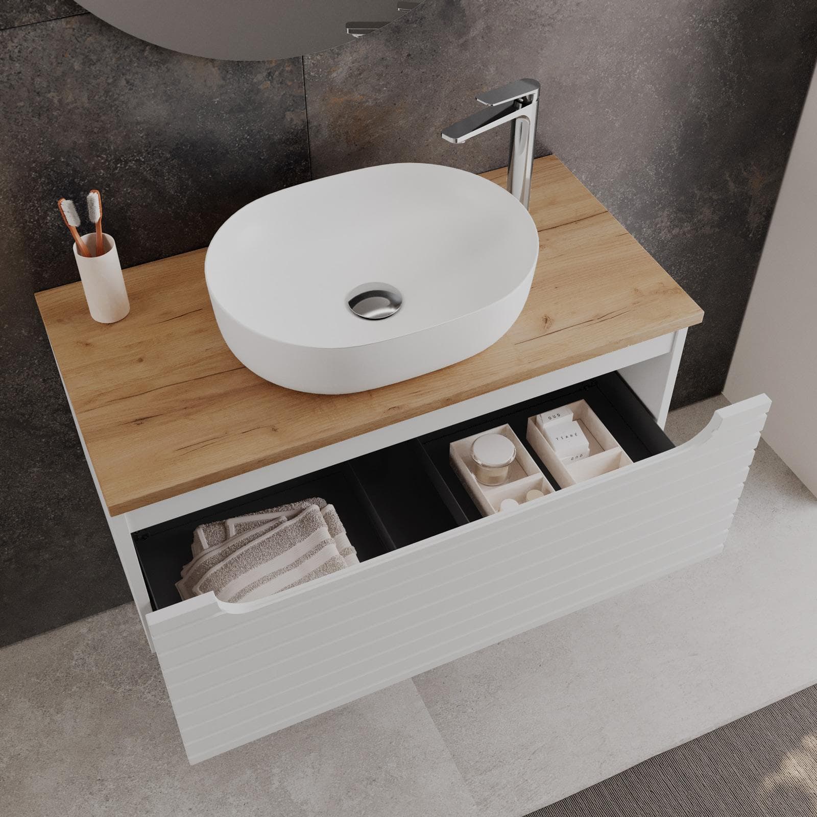 Mobile bagno sospeso 90 cm bianco opaco cannettato con cassetto e top rovere gold con specchio - Deck